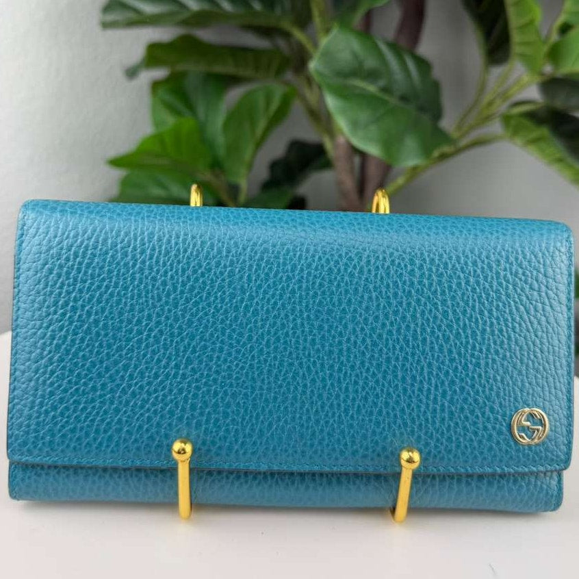 Authentic Gucci Interlocking Blue Turquoise Leather Long Continental Wallet