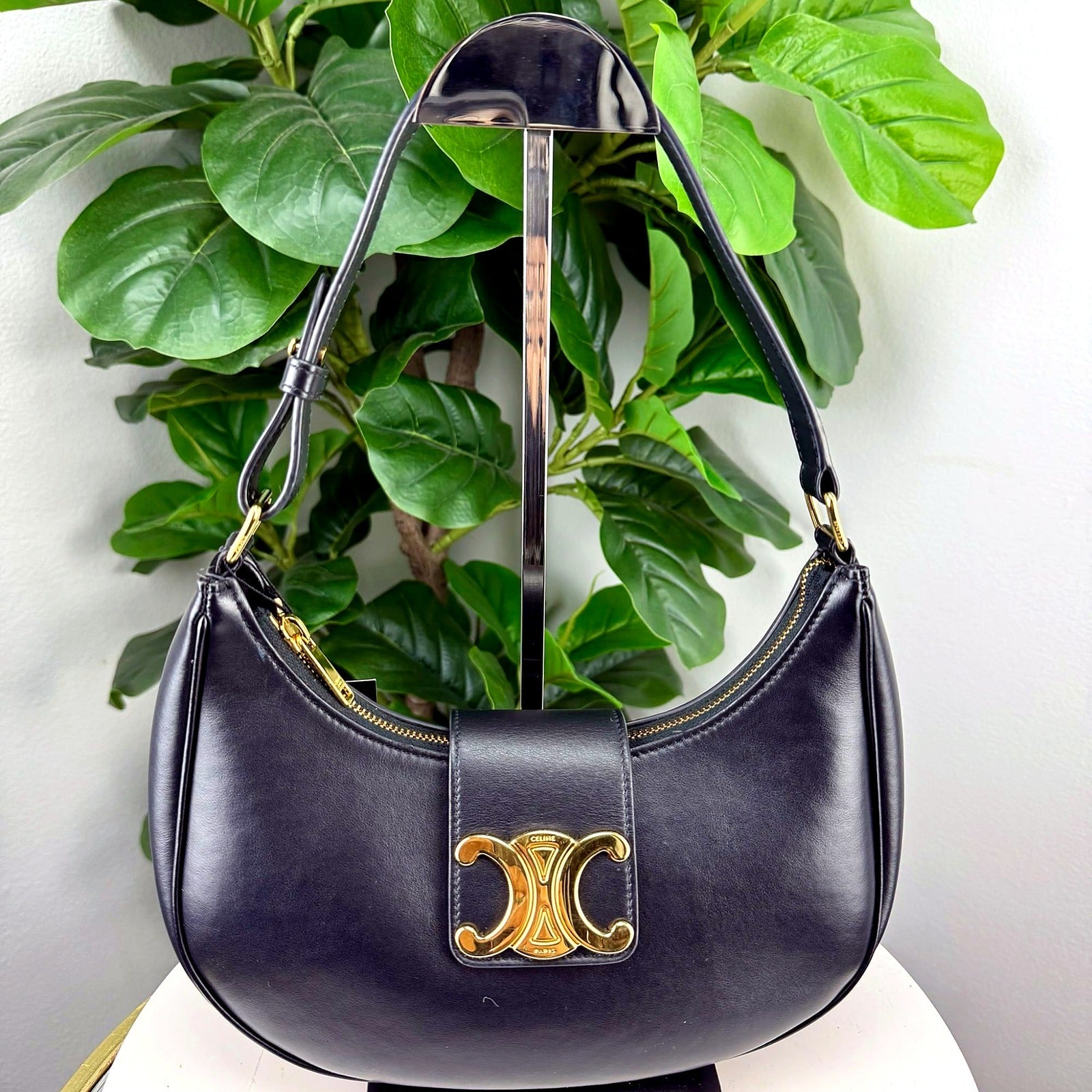 Authentic Celine Medium Ava Triomphe bag in black calfskin