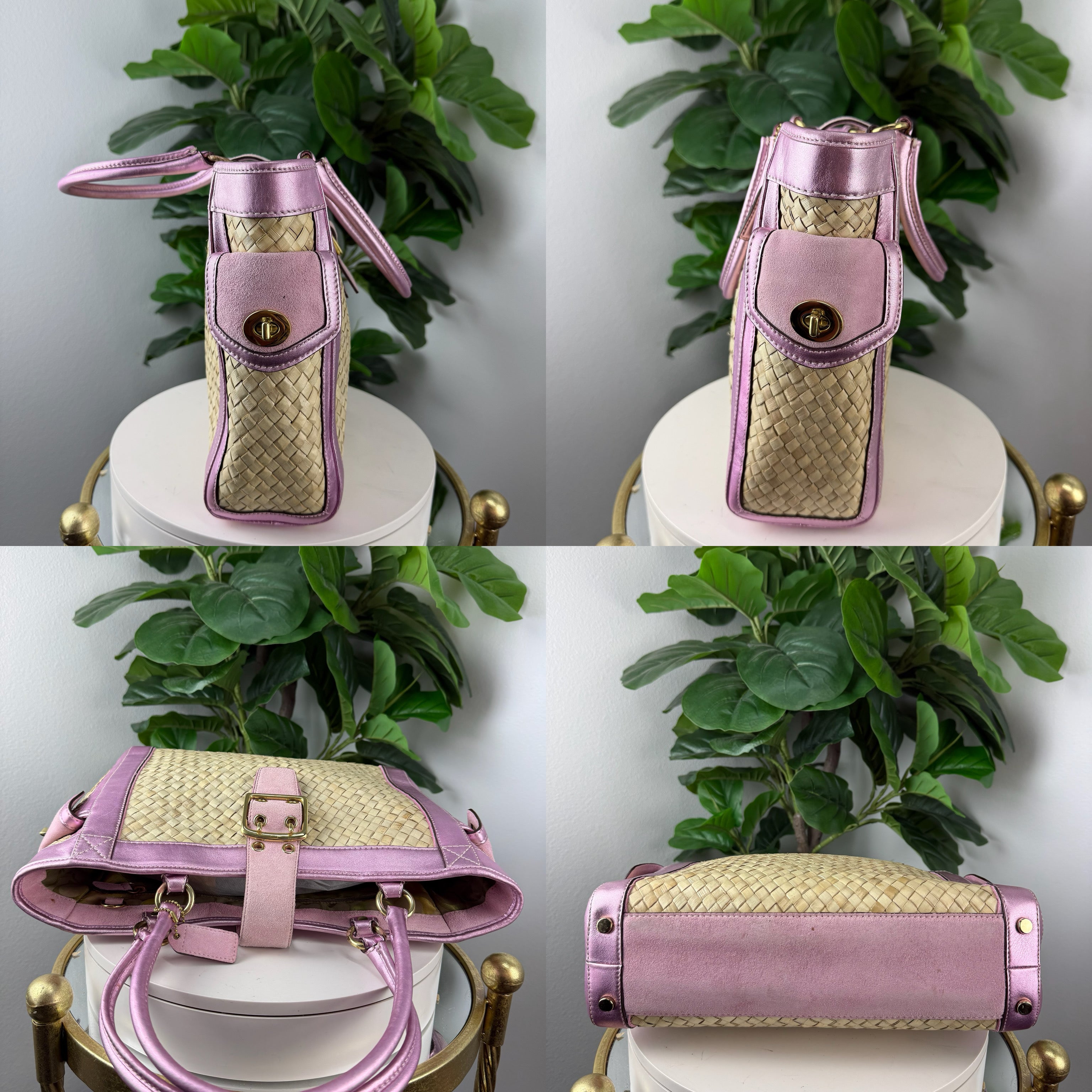 Authentic Coach Natural Woven Straw & Metallic Pink Leather Tote Bag