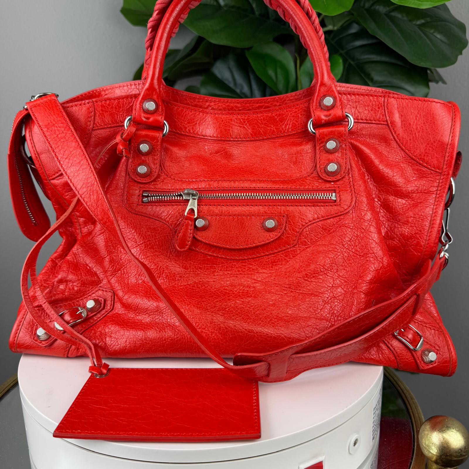 💎 Authentic Balenciaga Le City Bag Red Lambskin Leather Tote Shoulder Handbag