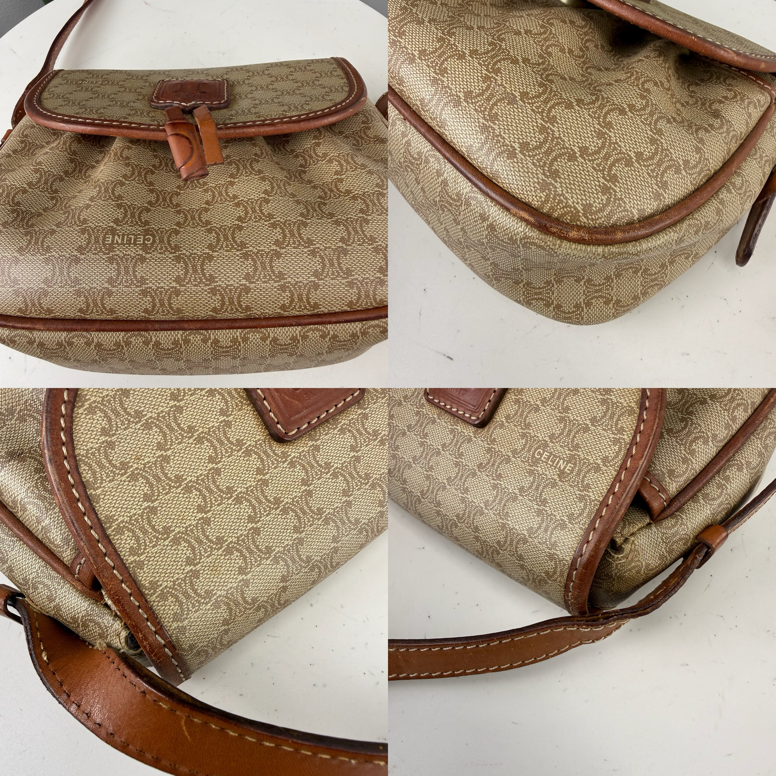 Authentic Celine Vintage Macadam Coated Canvas & Brown Leather Crossbody Bag - Certificate of Authenticity Included