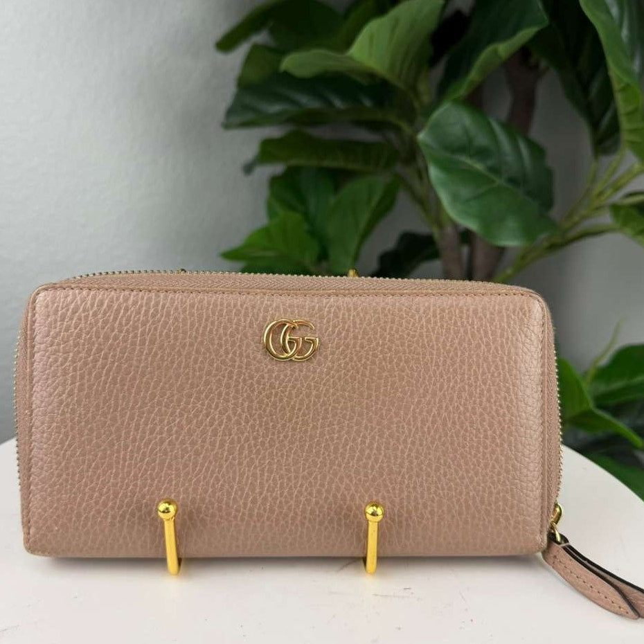 Authentic Gucci GG Marmont Zip Around Wallet Tan
