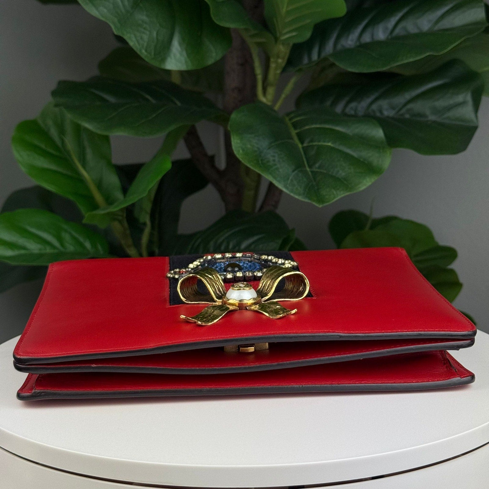 Authentic Gucci Red Leather Peony Eye Chain Shoulder Bag
