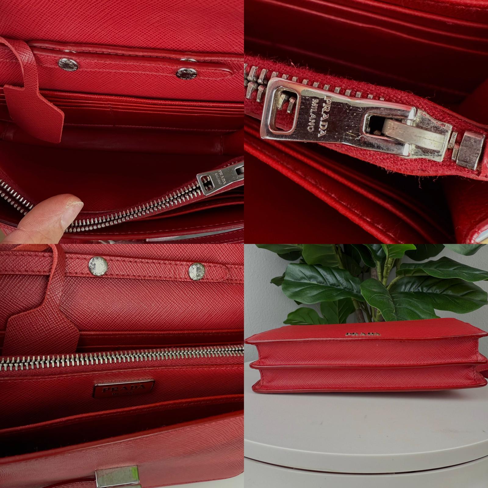 Authentic Prada Red Saffiano Leather Double Sided Flap Crossbody Bag
