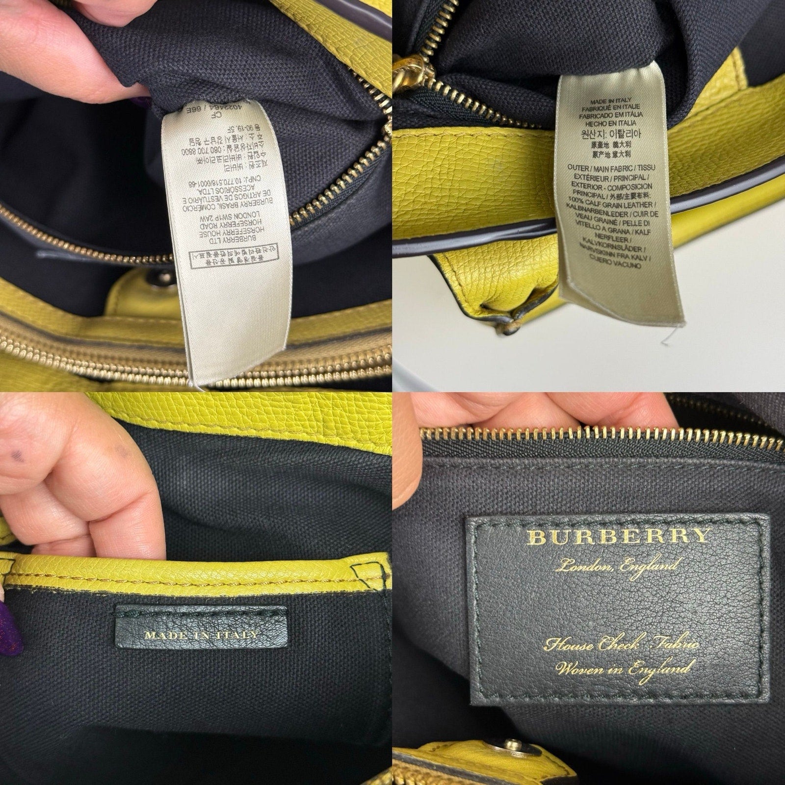 💎Authentic Burberry Grainy Calfskin House Check Medium Banner Tote Yellow