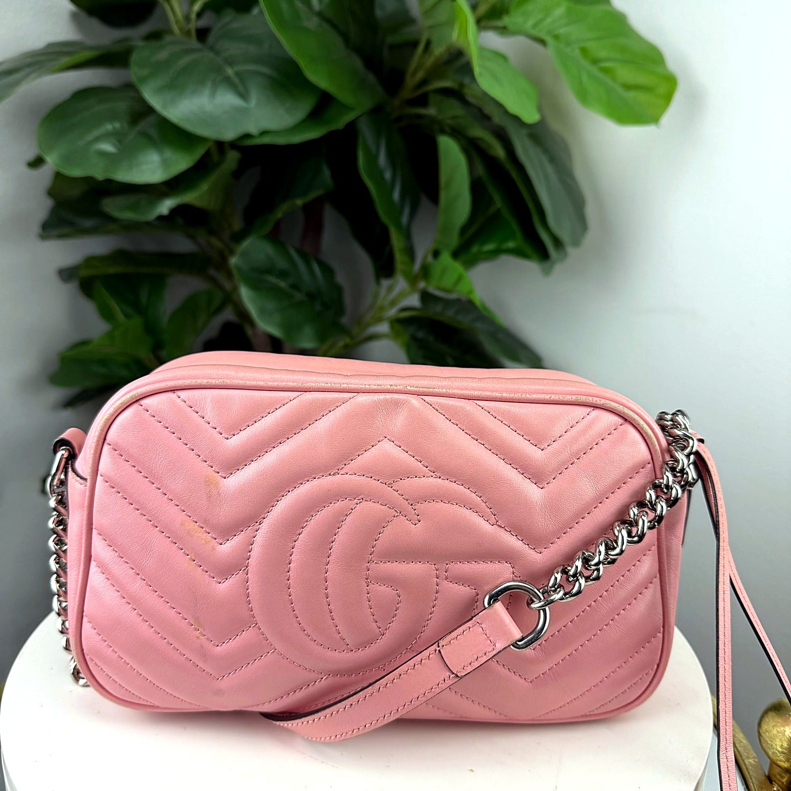 Authentic Gucci GG Marmont Pink Matelassé Leather Camera Bag