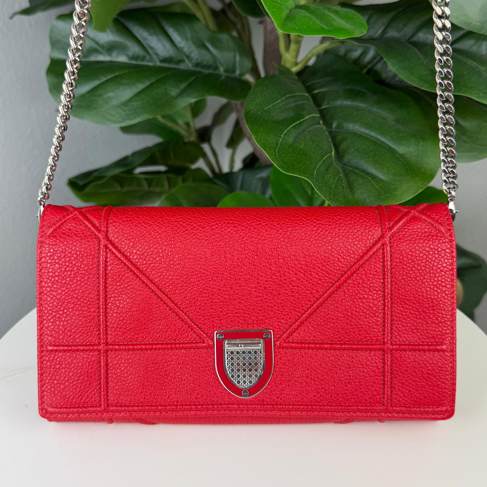 Authentic Christian Dior Red Grained Leather Diorama Clutch Bag