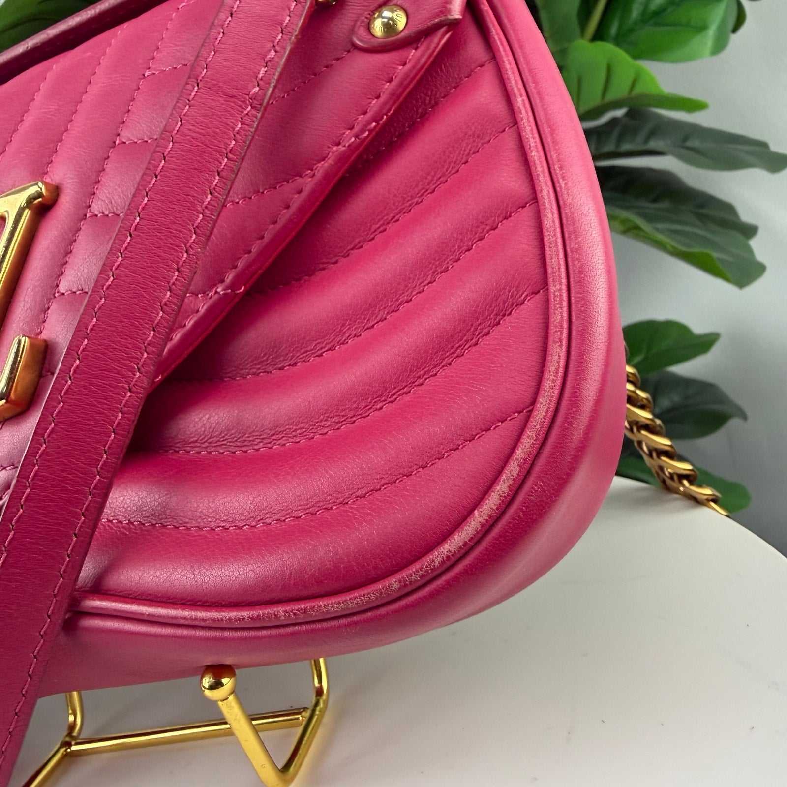 Louis Vuitton New Wave Quilted Leather Freesia Pink Chain MM Shoulder Bag Authentic Pre Owned