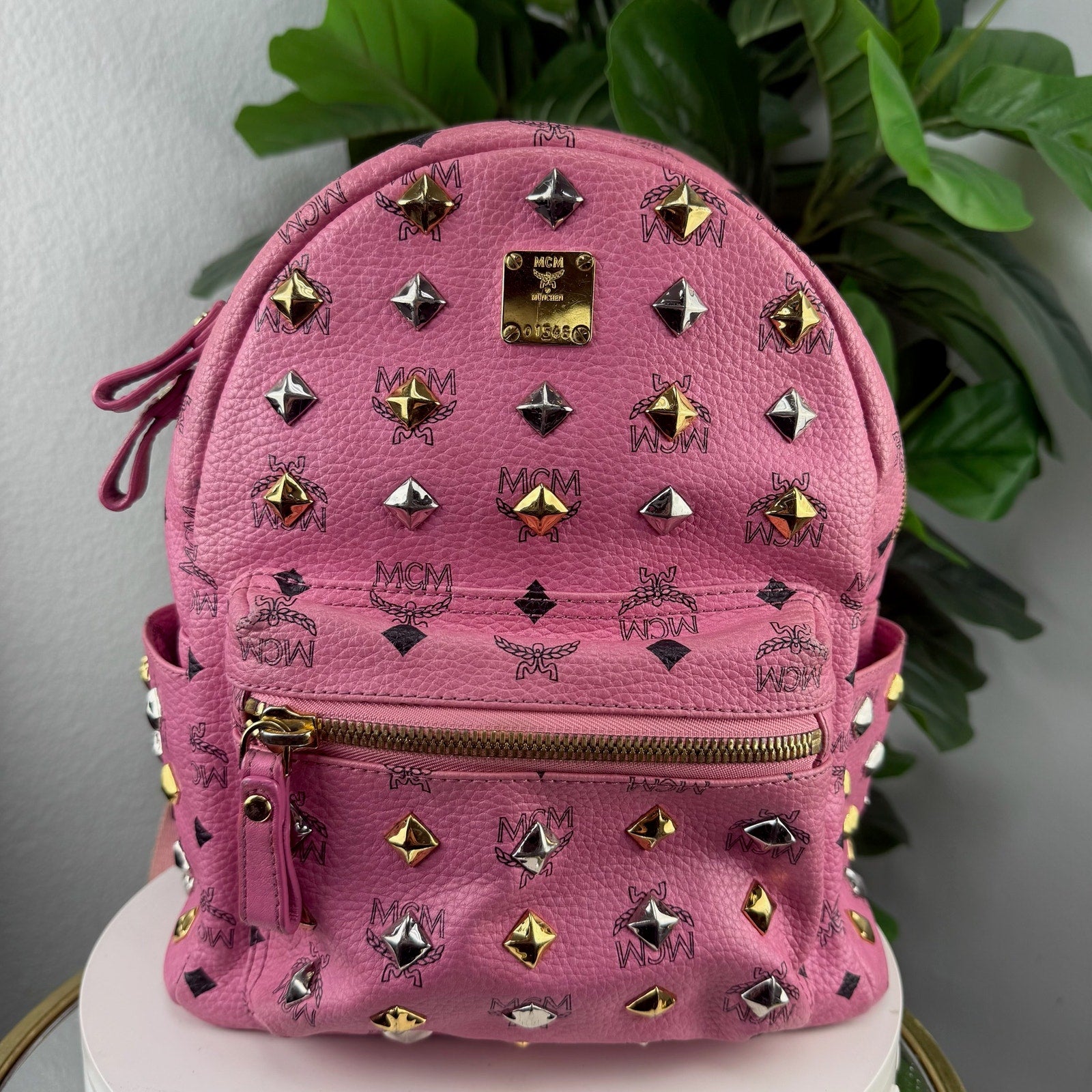 MCM Pink Visetos Studded Stark Backpack
