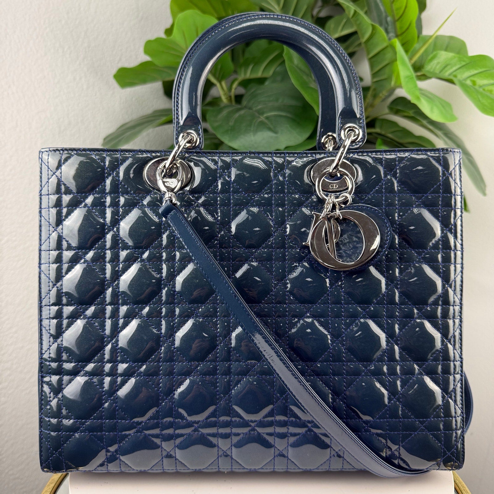 Christian Dior Large Lady Dior Cannage Quilted Patent Leather Teal Bag Authentic Pre Owned