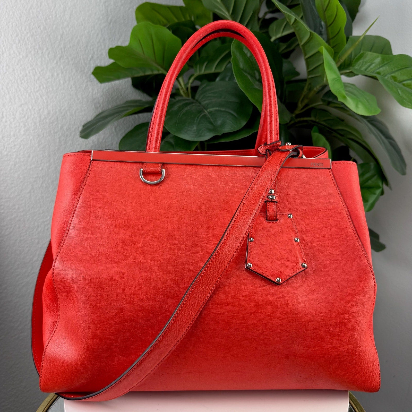 Fendi 2Jours Saffiano Leather Red Tote Shoulder Bag Authentic Pre Owned