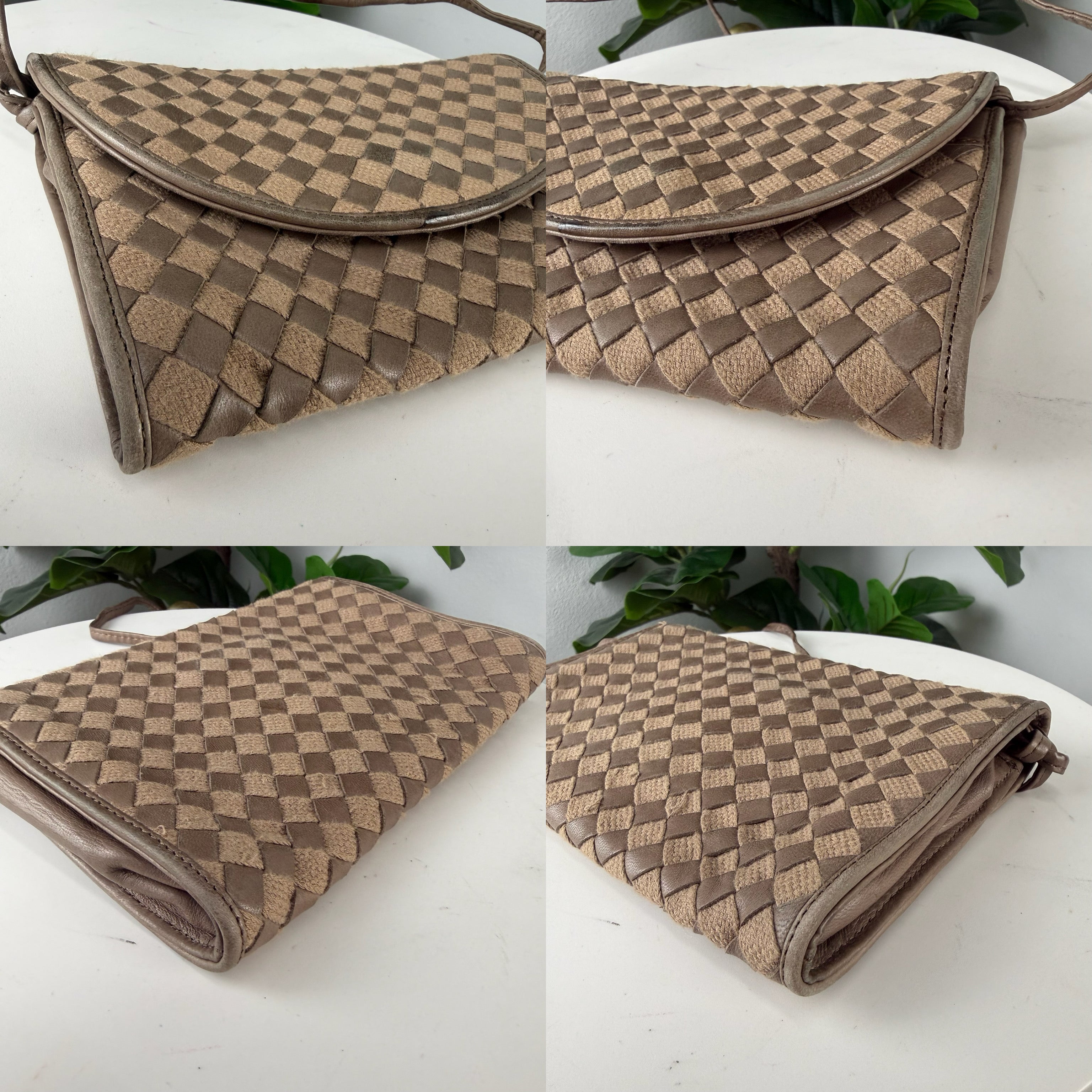 Authentic Bottega Veneta Vintage Intreccio Woven Leather Fabric Flap Crossbody Bag