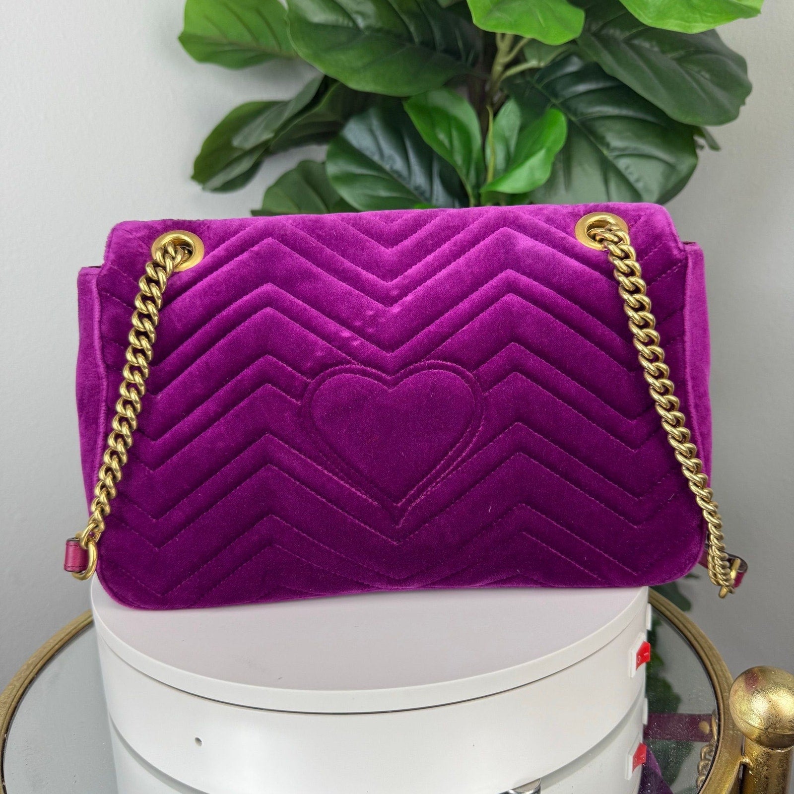 💎Authentic Gucci Velvet Matelasse Loved Embroidered Medium GG Marmont Shoulder Bag Fuchsia Violet Cyclamen