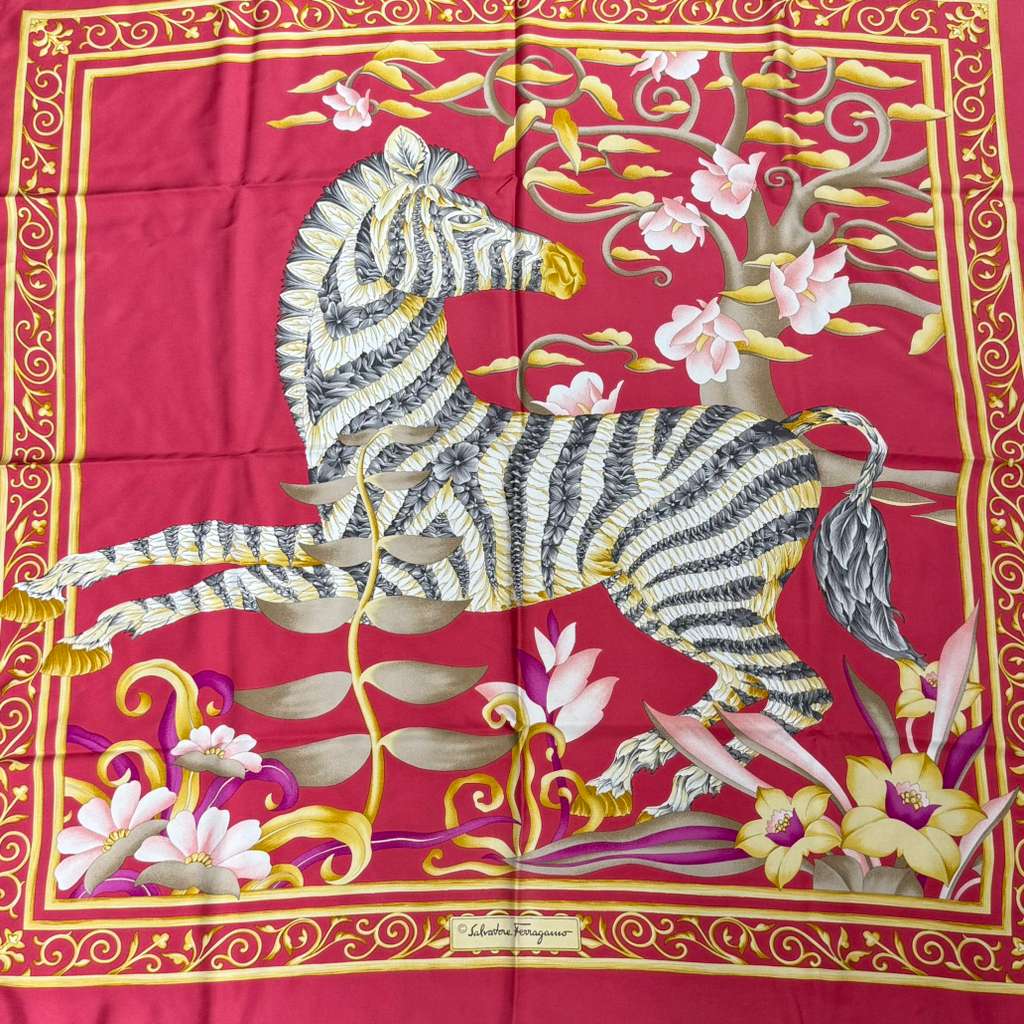 Authentic Salvatore Ferragamo Zebra Floral Pattern Silk Scarf Red