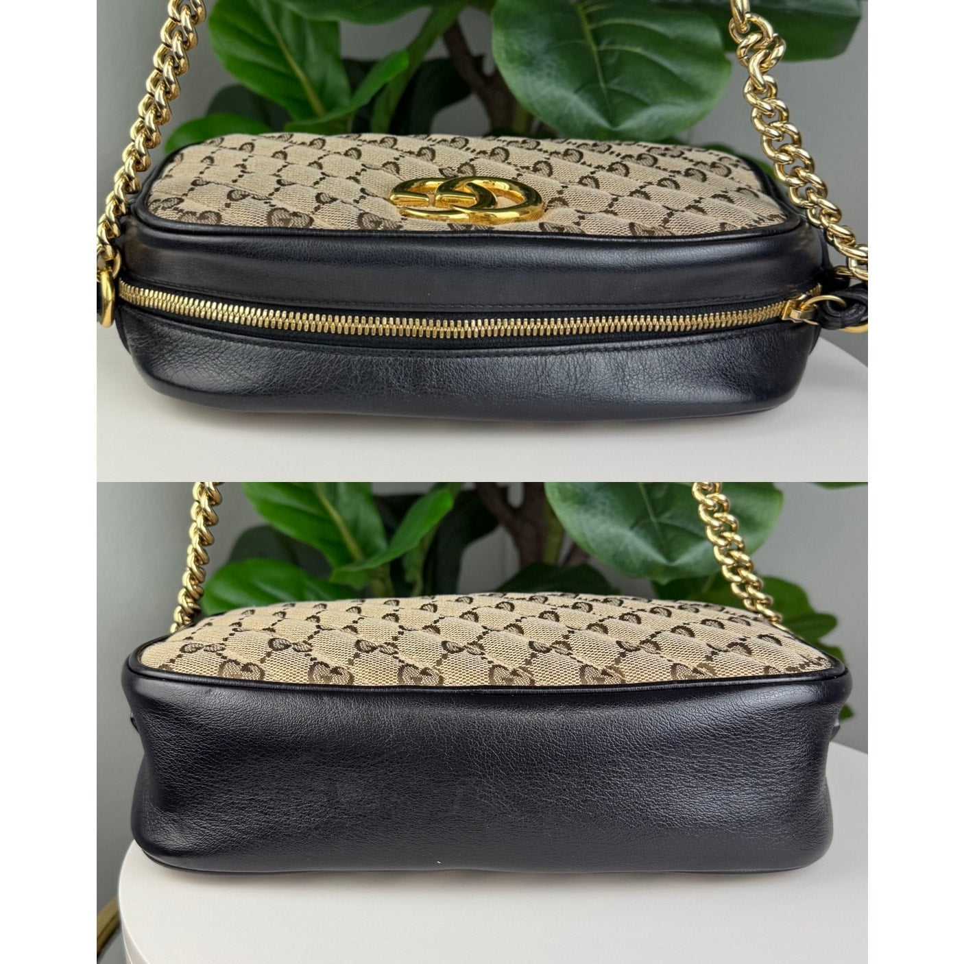 Authentic Gucci GG Canvas Marmont Shoulder Bag Black Beige