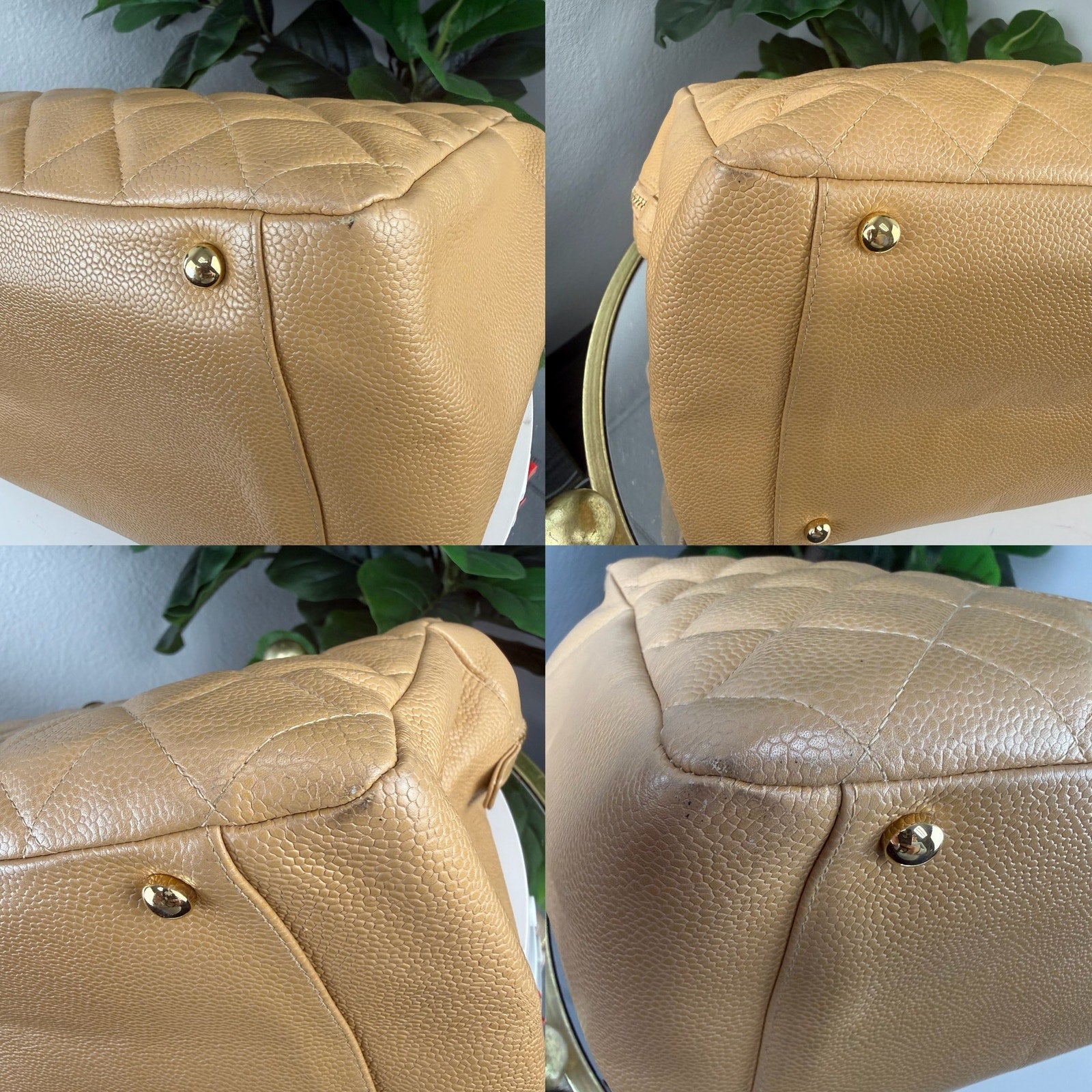 Chanel Grand Shopping Tote Beige Caviar Leather Chain Bag Authentic Pre Owned