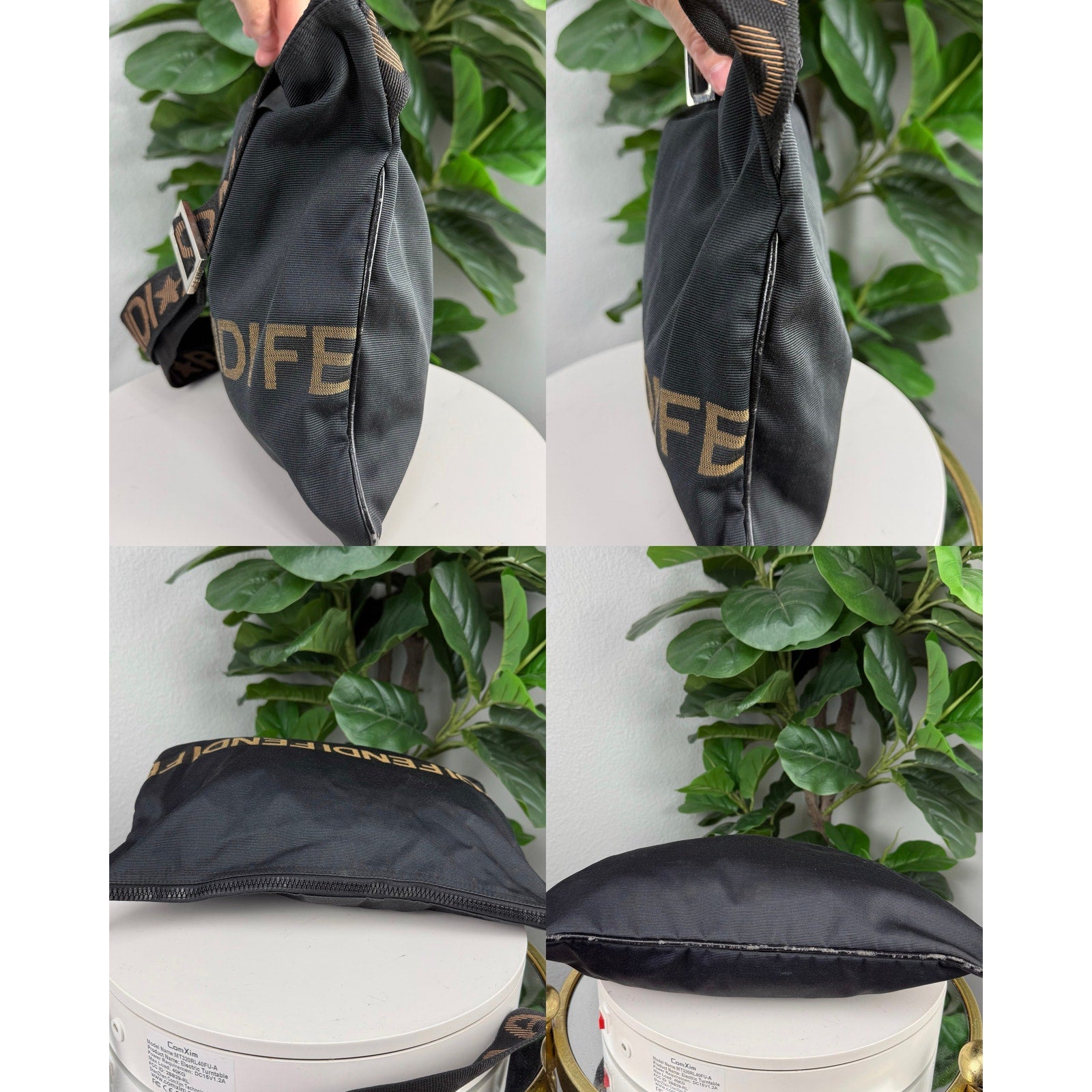 Fendi Logo Nylon Shoulder Bag Black Gold
