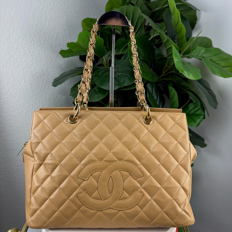 Chanel Grand Shopping Tote Beige Caviar Leather Chain Bag Authentic Pre Owned