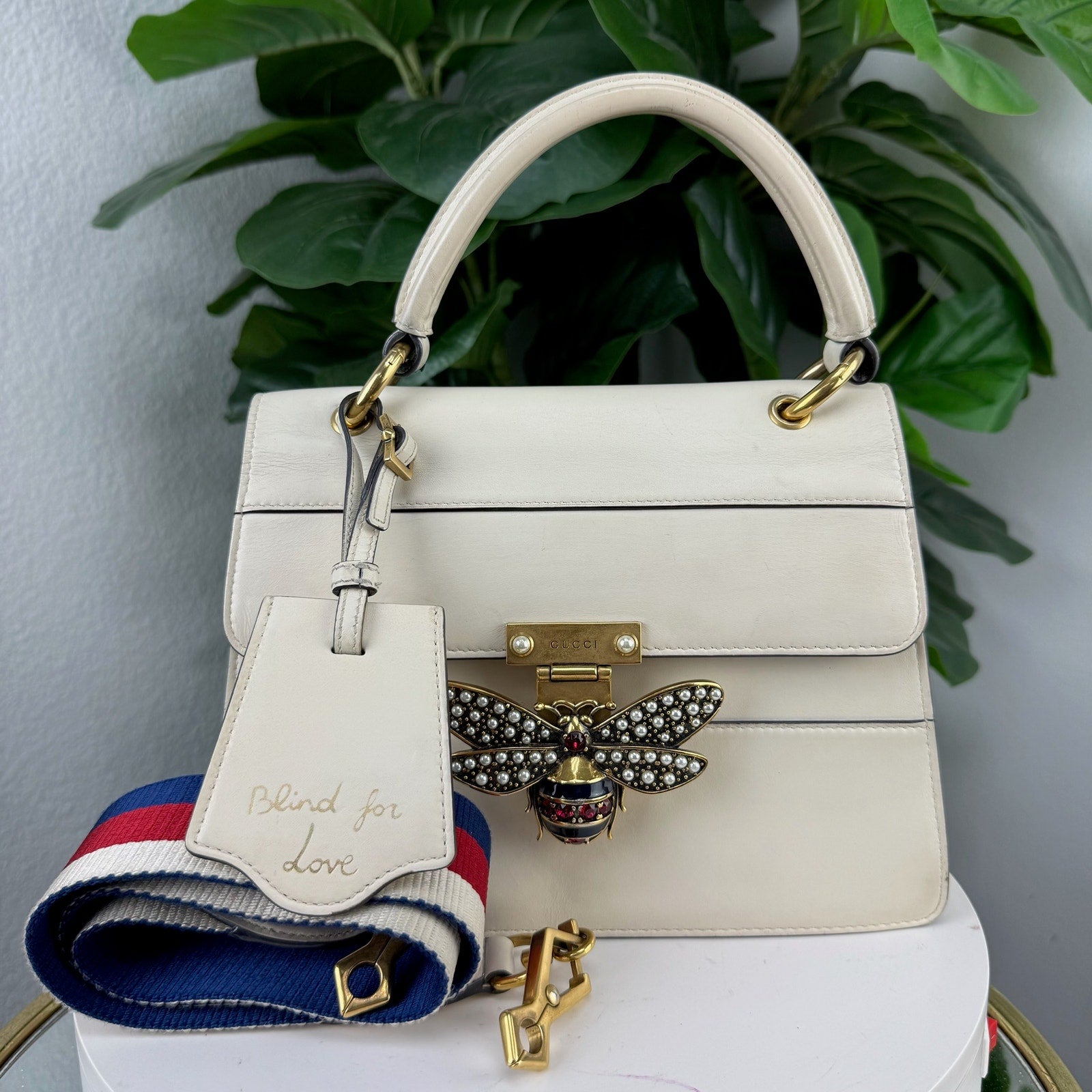 Gucci Queen Margaret Leather Bee Ivory Top Handle Shoulder Bag Authentic Pre Owned