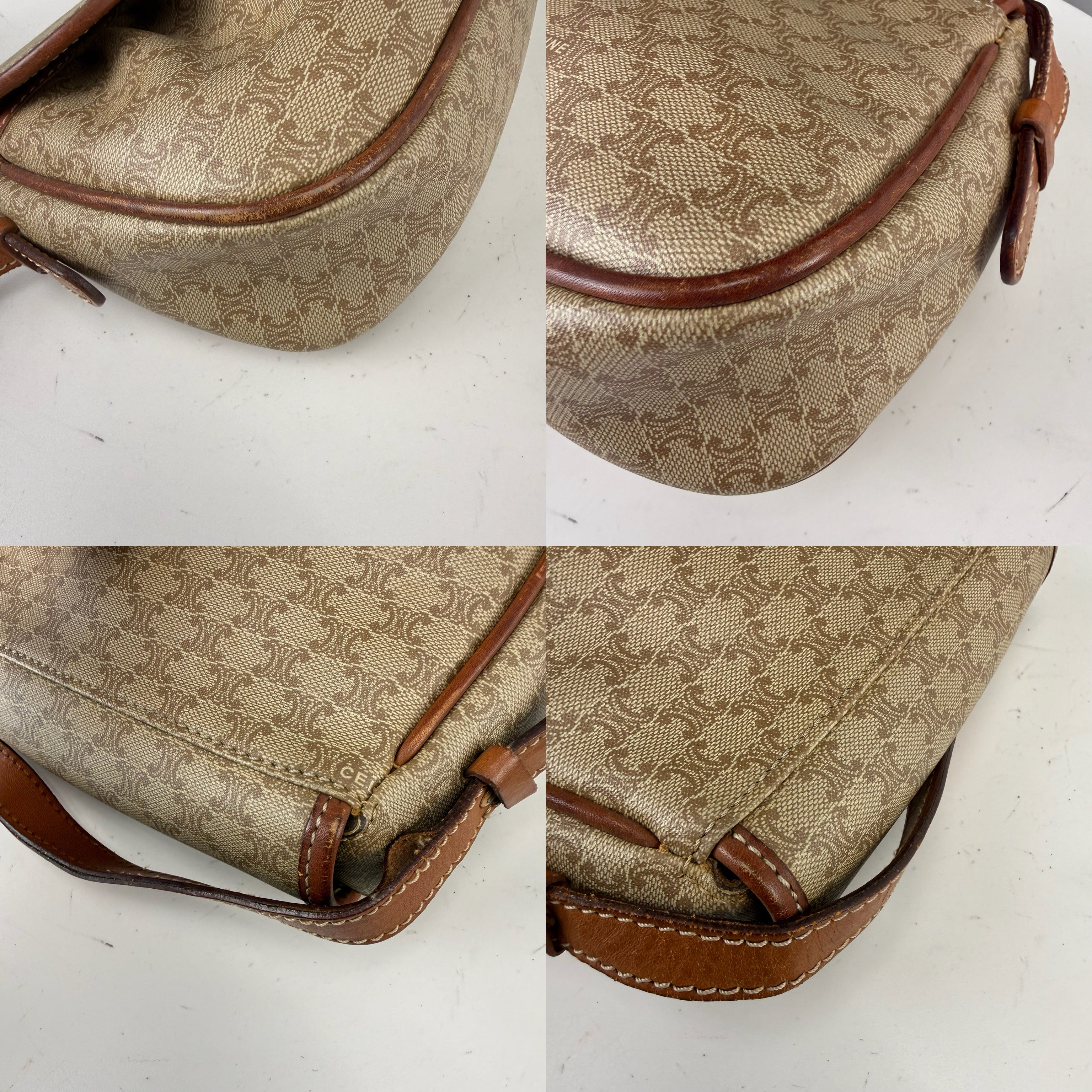 Authentic Celine Vintage Macadam Coated Canvas & Brown Leather Crossbody Bag - Certificate of Authenticity Included
