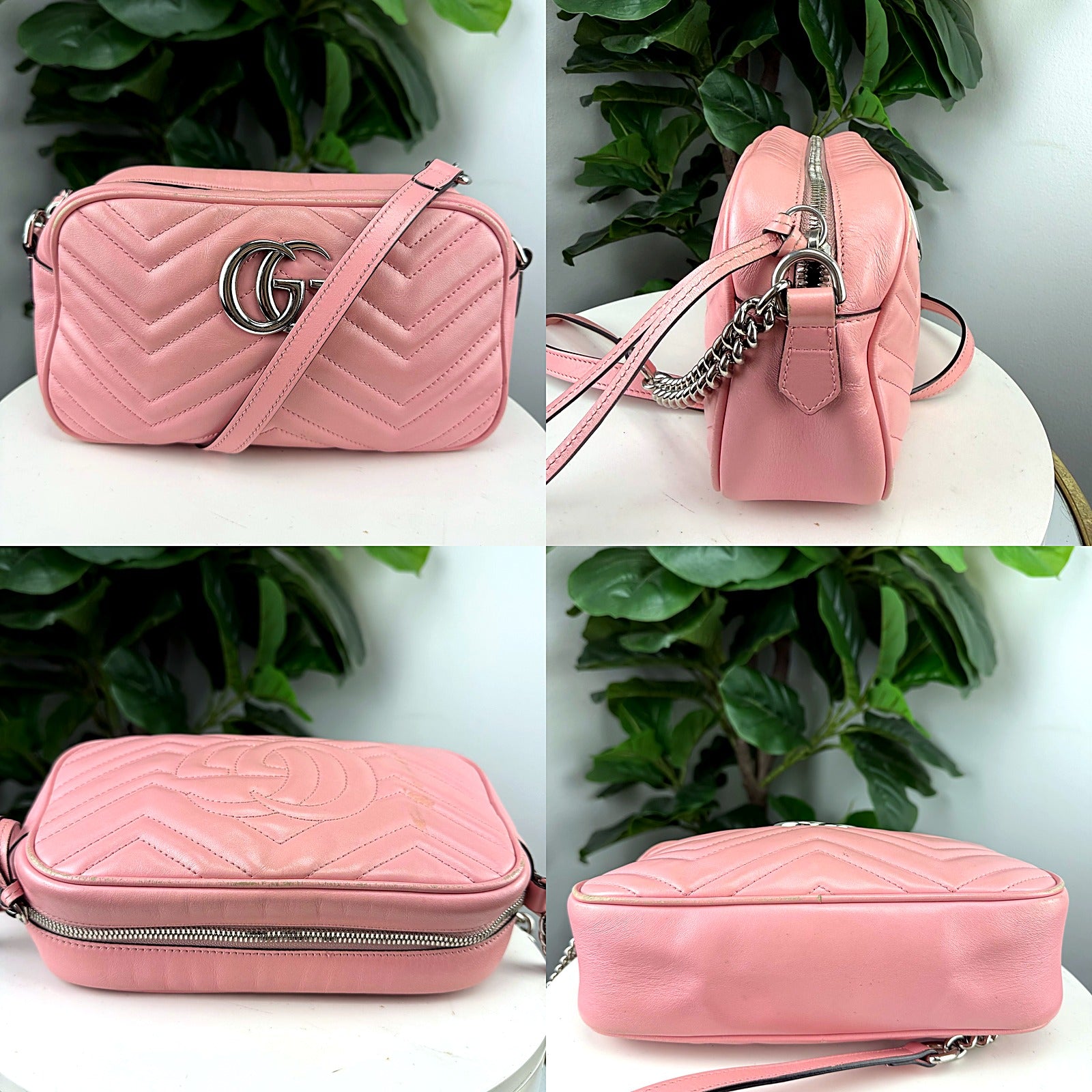 Authentic Gucci GG Marmont Pink Matelassé Leather Camera Bag