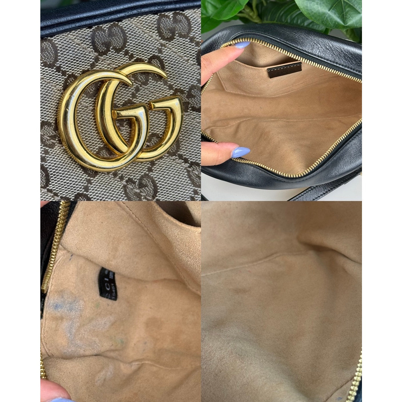 Authentic Gucci GG Canvas Marmont Shoulder Bag Black Beige