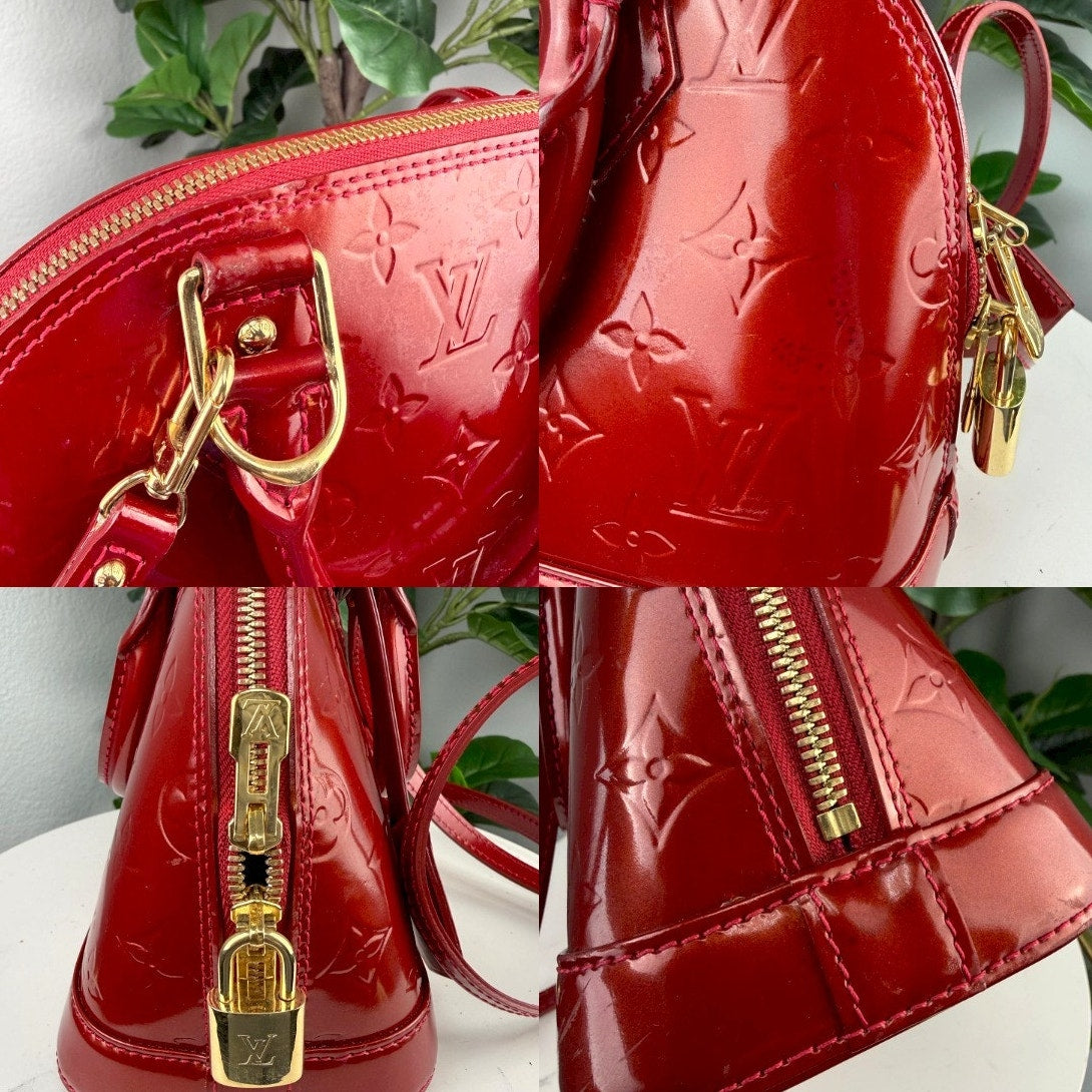 Authentic Louis Vuitton Monogram Vernis Alma BB Handbag Red