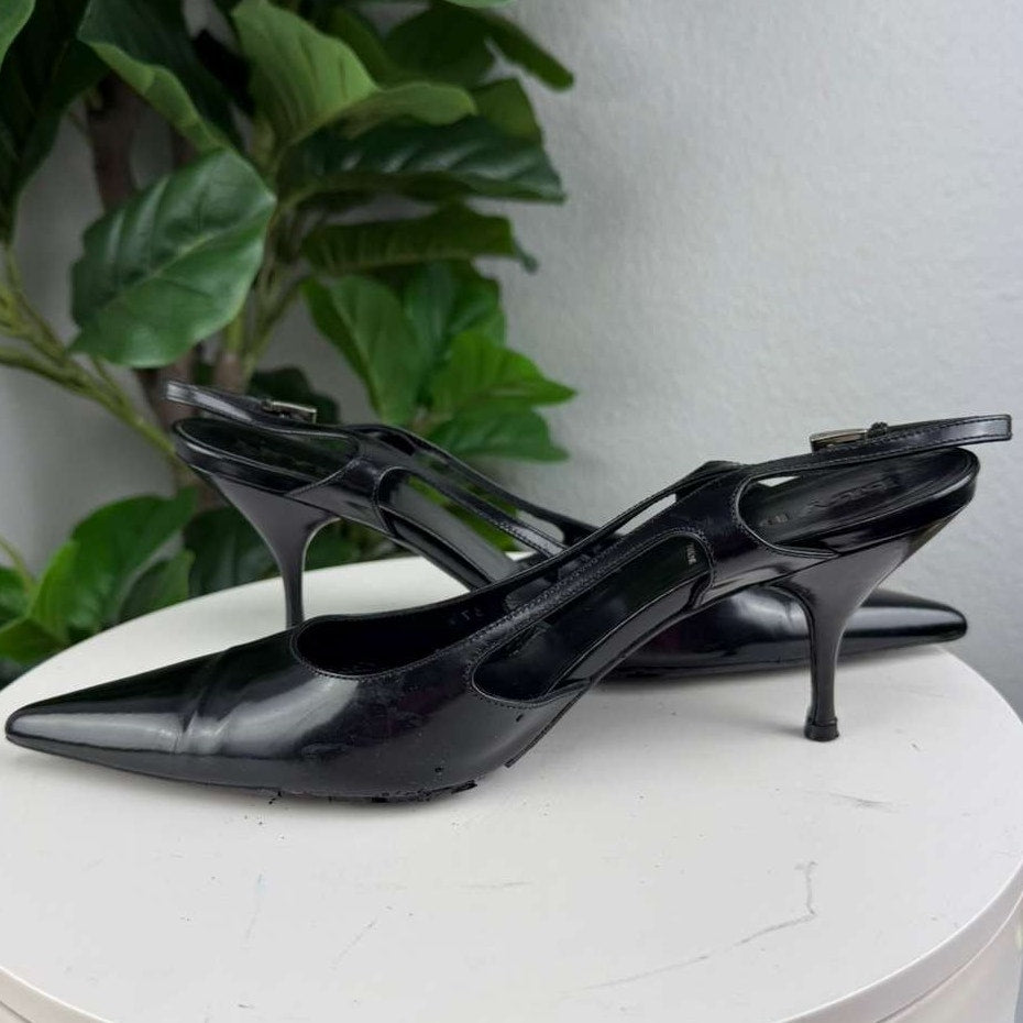 Authentic Prada Black Leather Slingback Pumps Kitten Heel