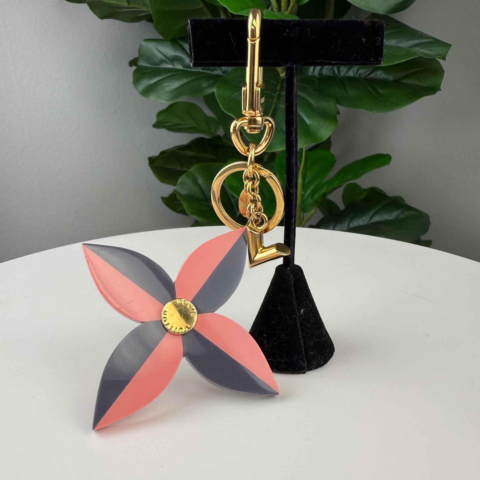 Authentic LOUIS VUITTON Pink/Purple Resin Flower And V Key Holder And Bag Charm