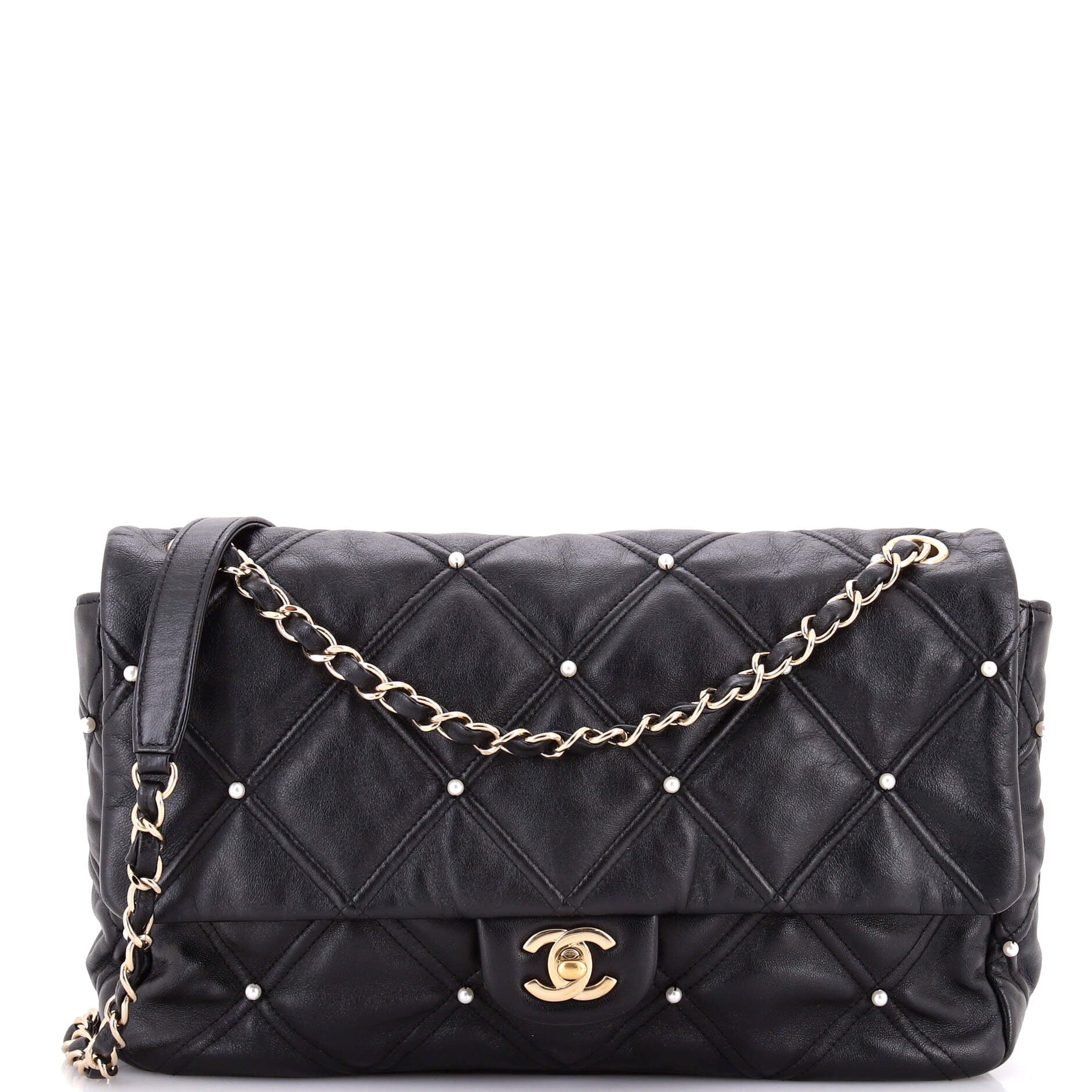 Chanel CC Flap Bag Pearl Studded Quilted Lambskin Medium - front