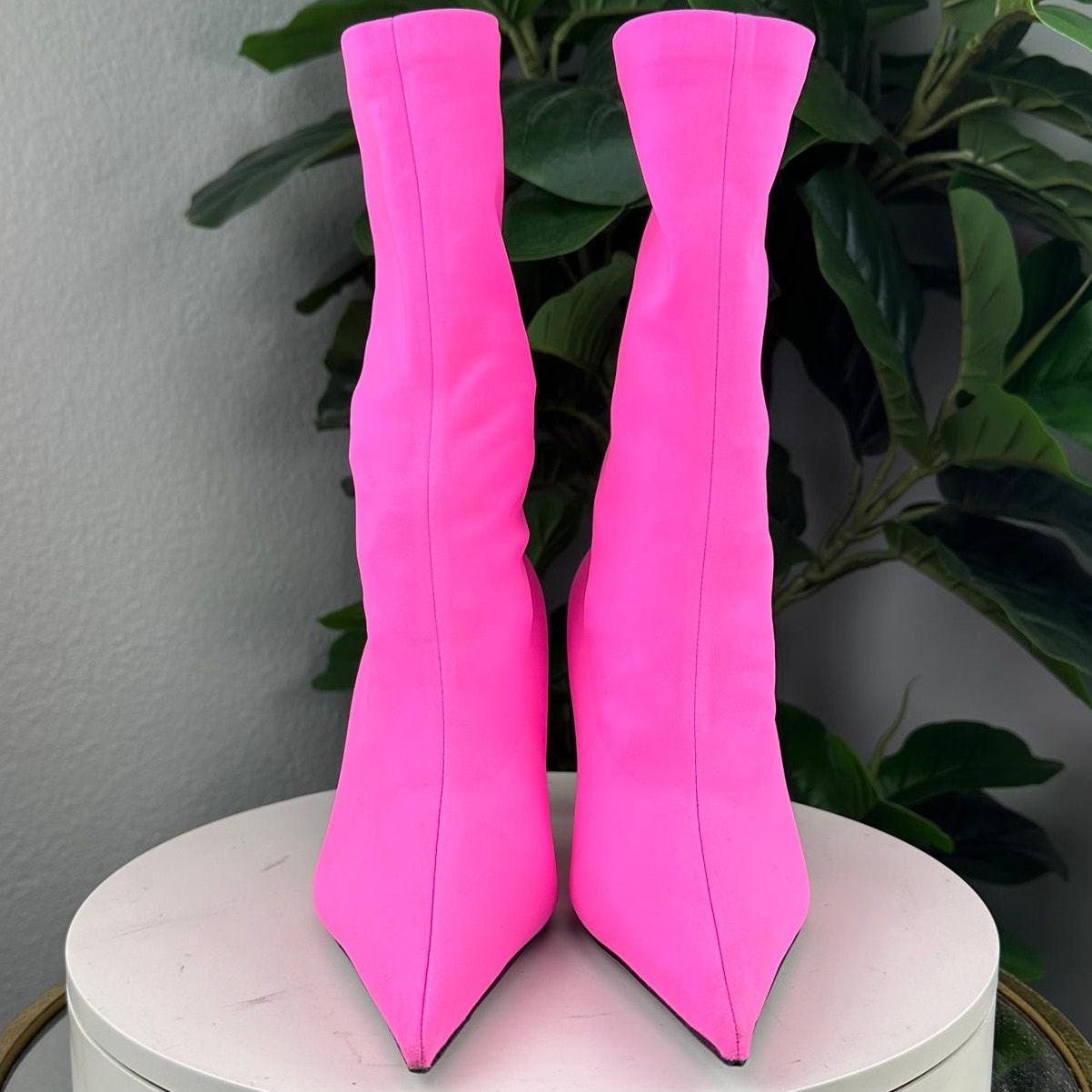 Pair of Balenciaga Knife Boots Fluo Pink Stretch Fabric size 38