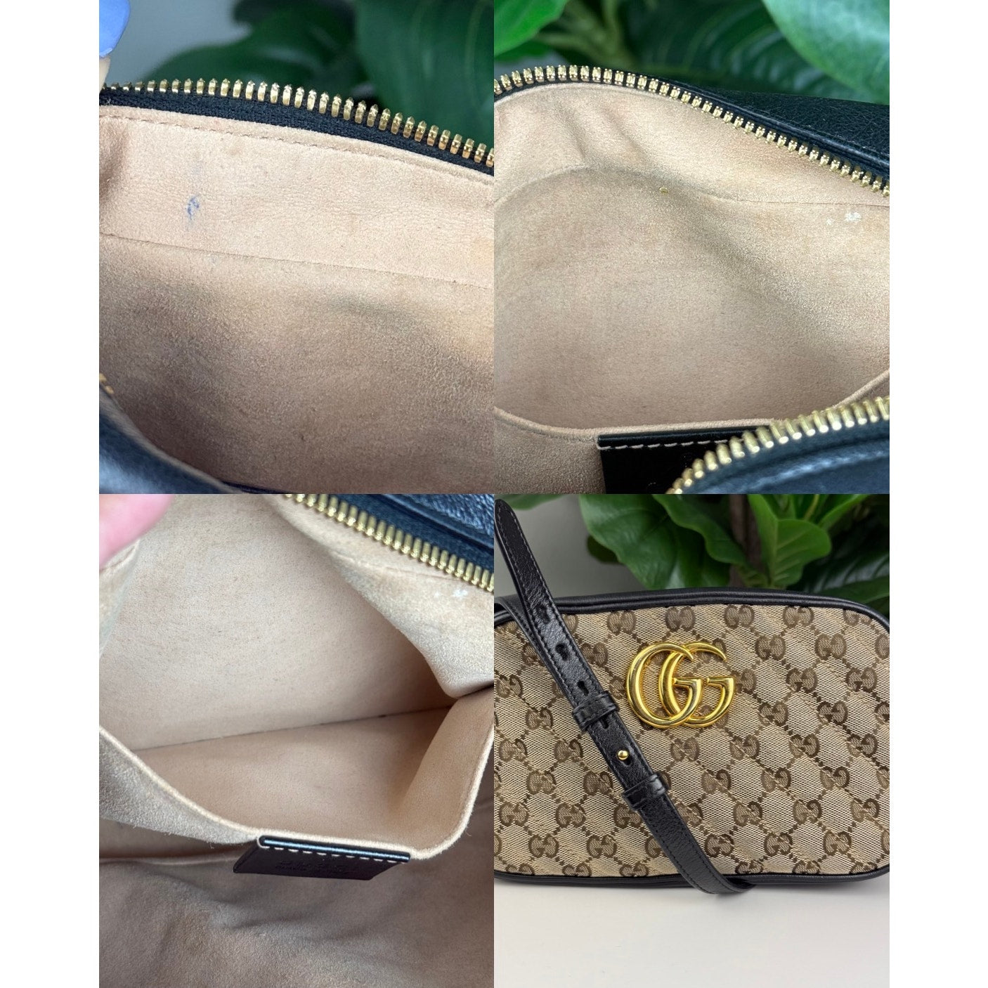 Authentic Gucci GG Canvas Marmont Shoulder Bag Black Beige