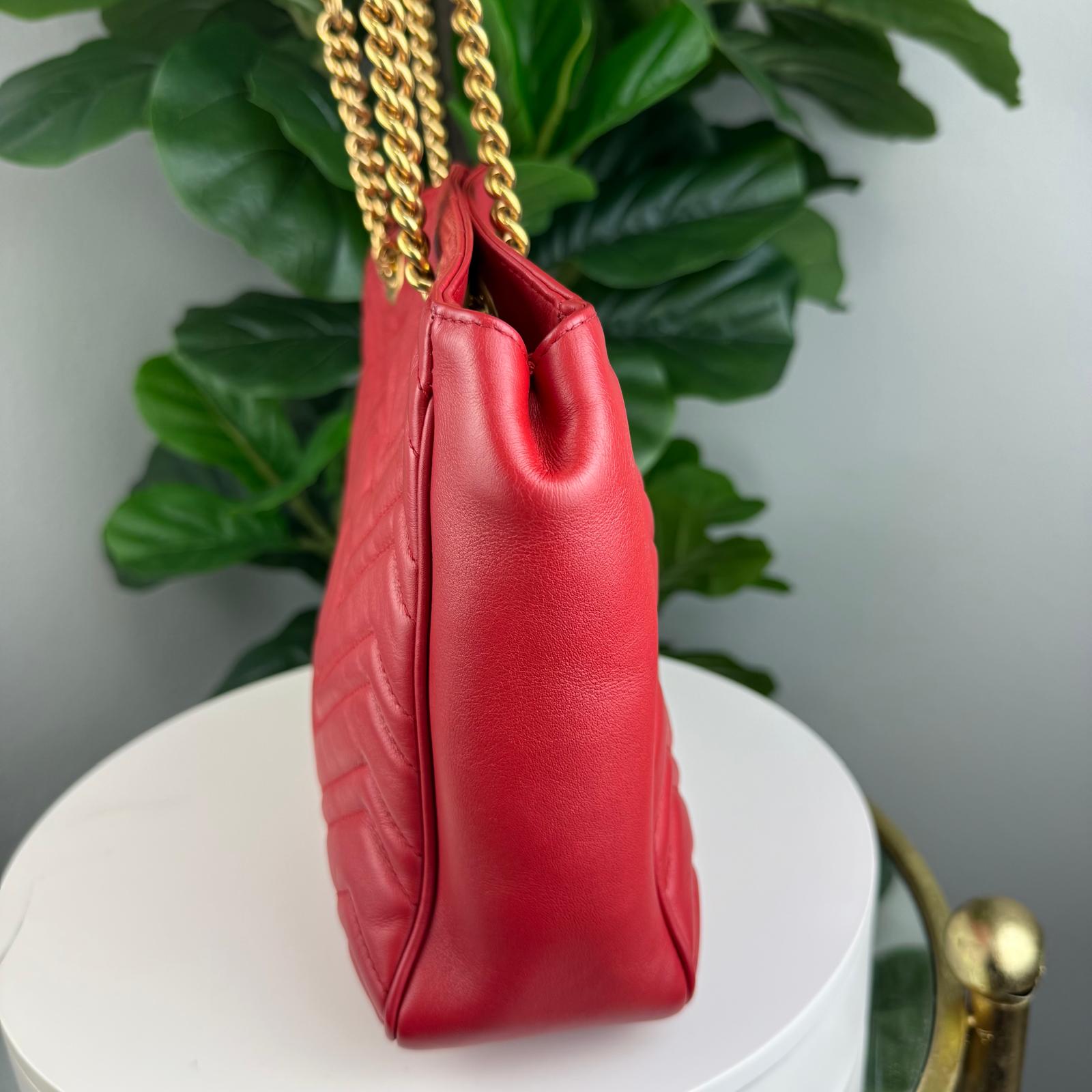 Authentic Gucci Red Quilted Leather Marmont Metelasse Tote Bag