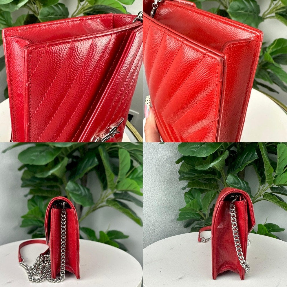 Authentic YSL Yves Saint Laurent Chevron Quilted Shoulder Bag Red