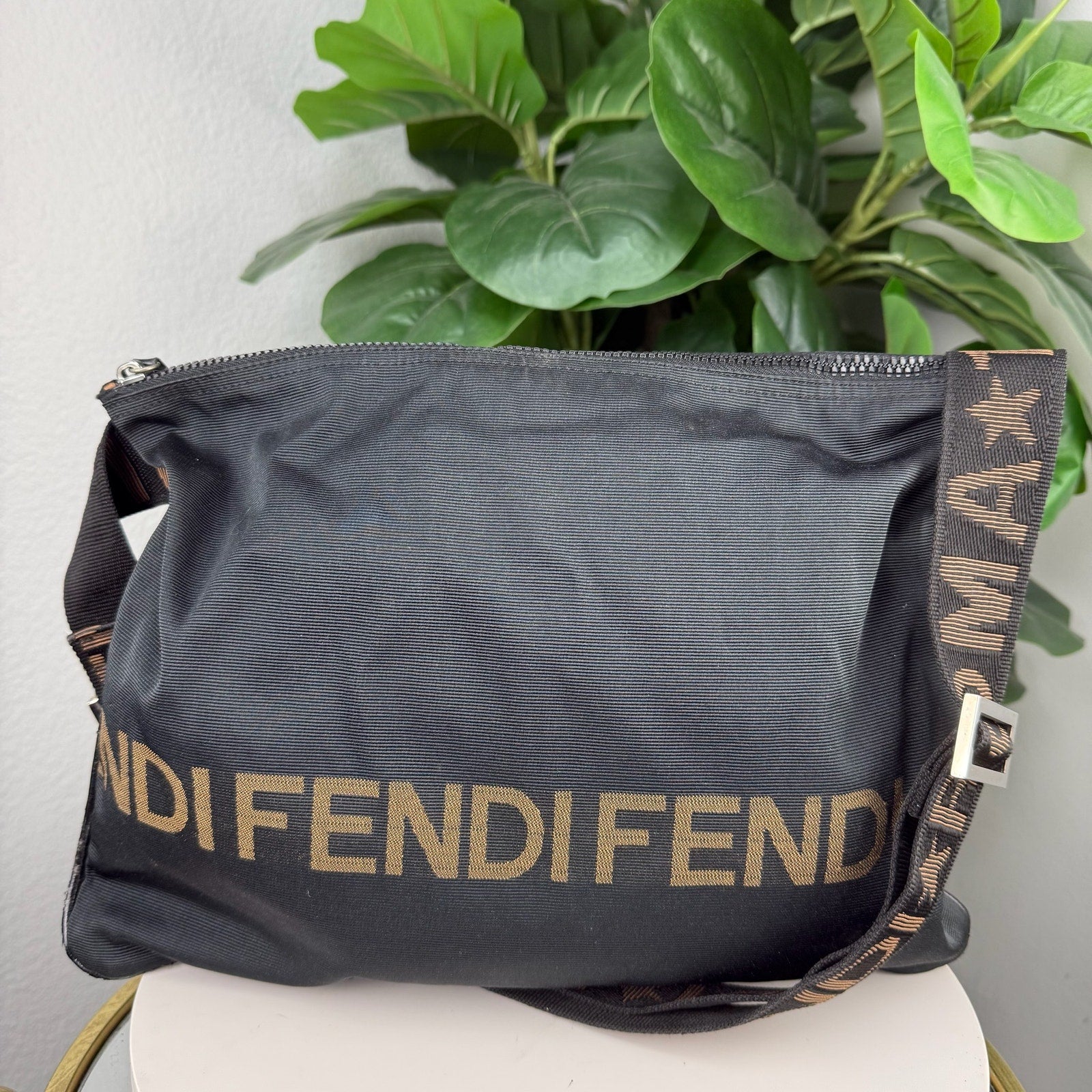 Fendi Logo Nylon Shoulder Bag Black Gold