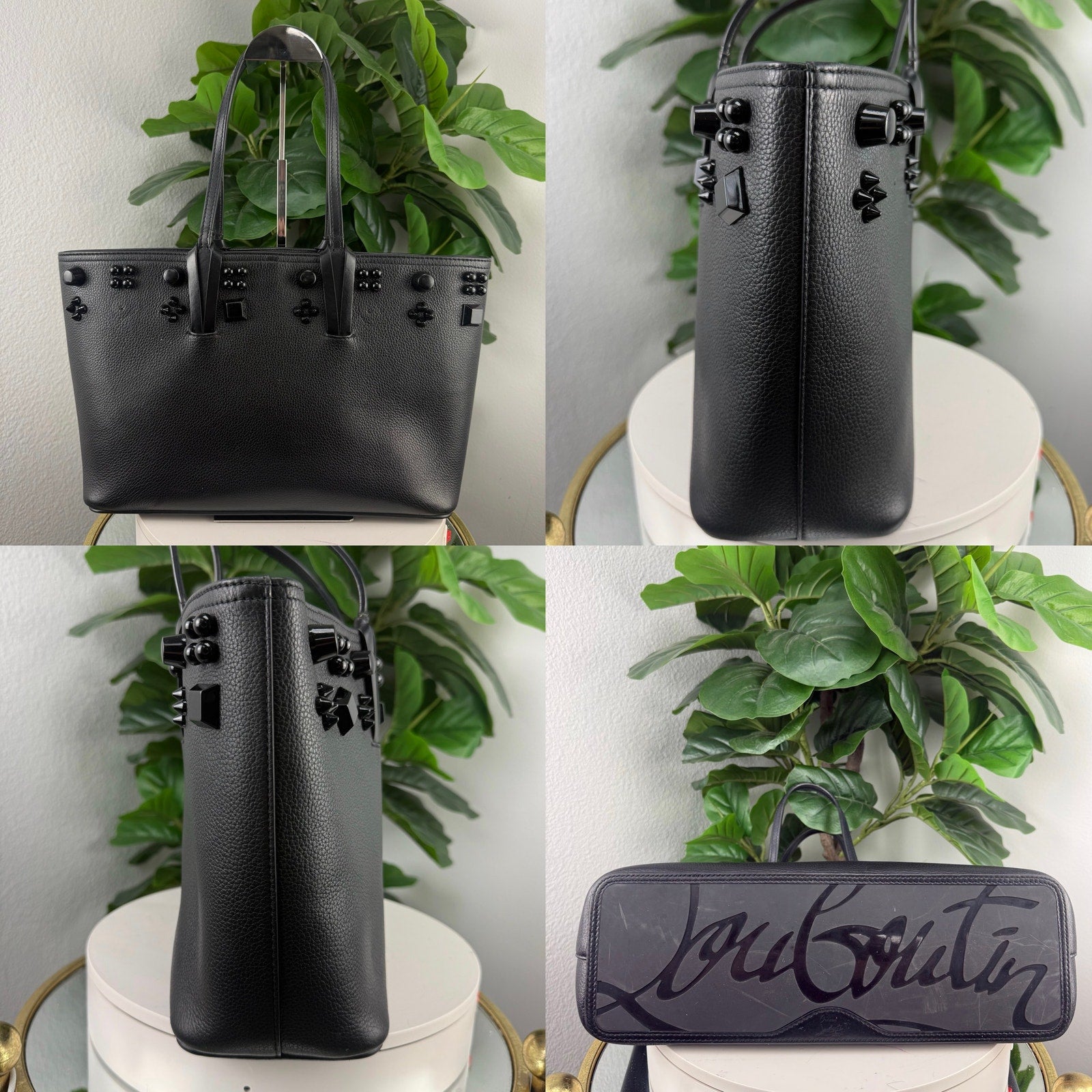 Christian Louboutin Cabata Black Embellished Leather Tote Bag Authentic Pre Owned