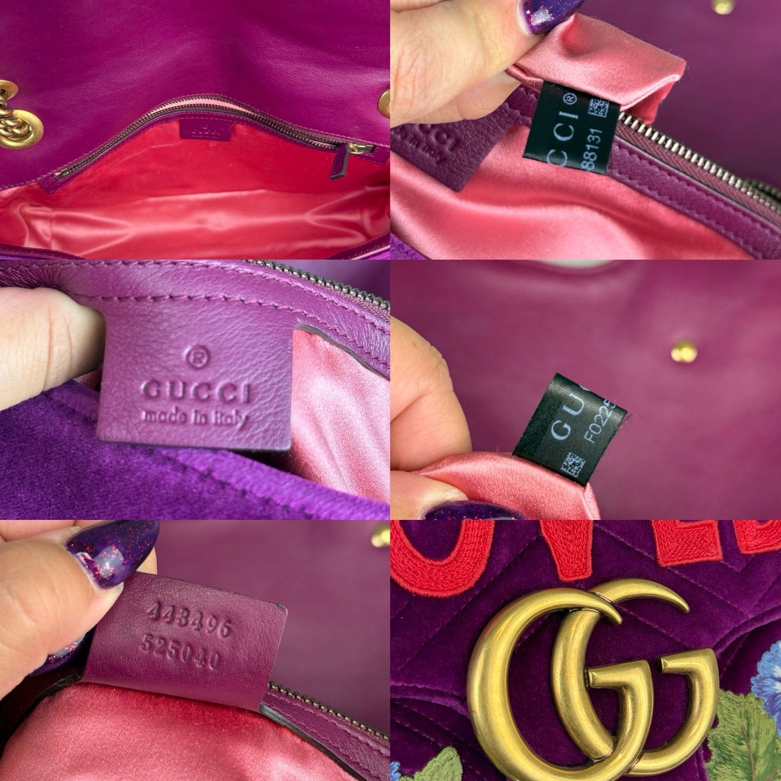 šAuthentic Gucci Velvet Matelasse Loved Embroidered Medium GG Marmont Shoulder Bag Fuchsia Violet Cyclamen