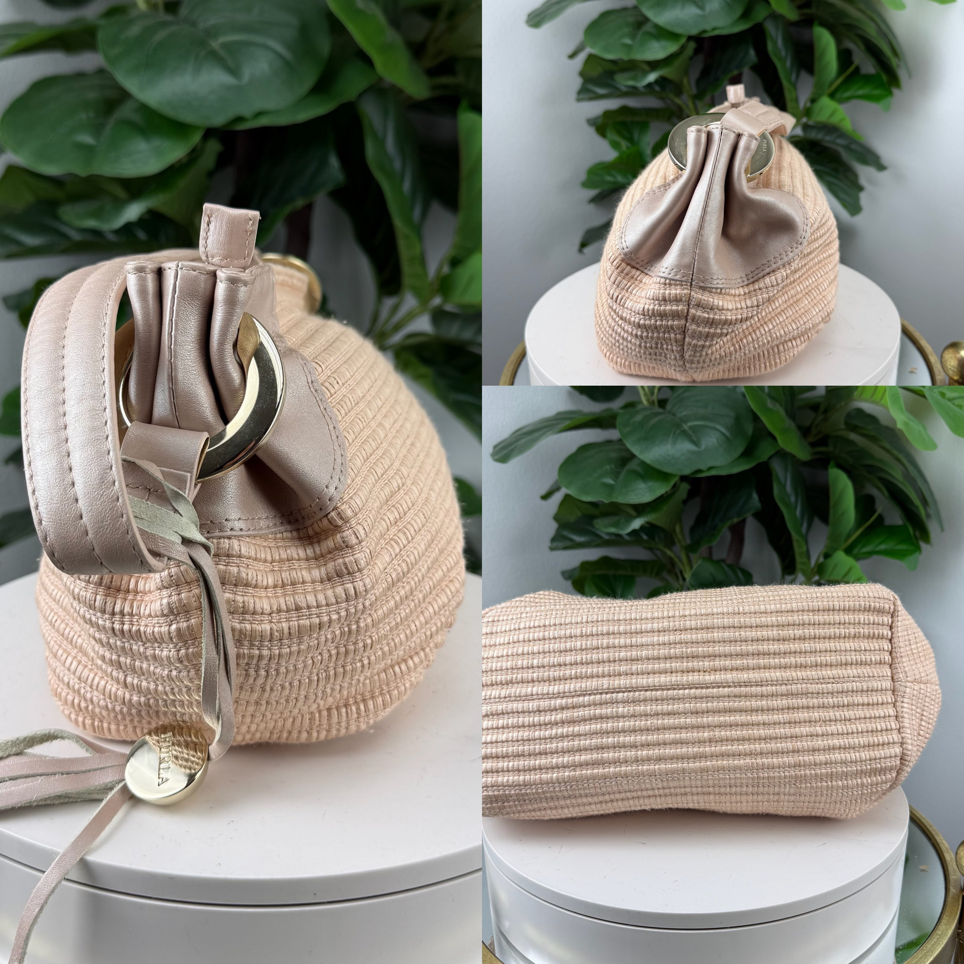 Authentic Furla Woven Raffia & Leather Drawstring Shoulder Bag - Certificate of Authenticity Included