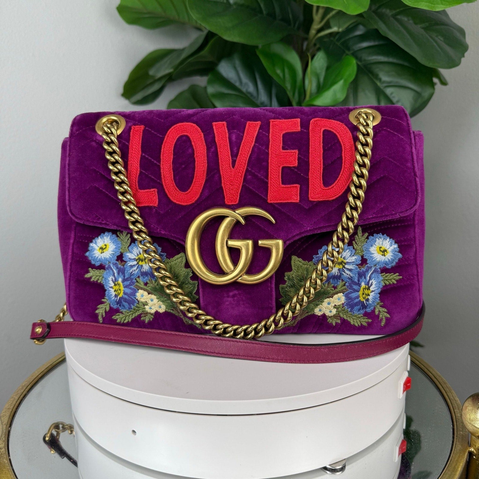 💎Authentic Gucci Velvet Matelasse Loved Embroidered Medium GG Marmont Shoulder Bag Fuchsia Violet Cyclamen