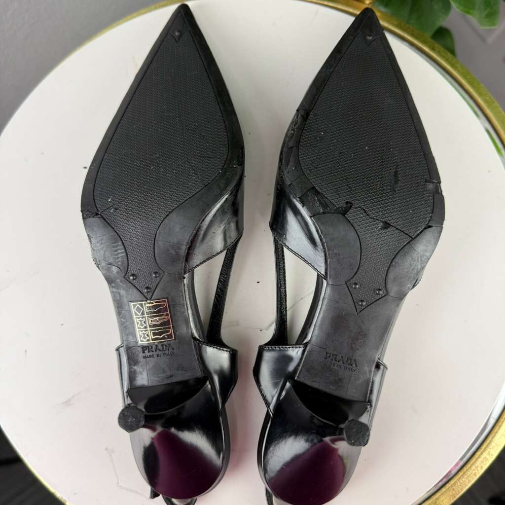 Authentic Prada Black Leather Slingback Pumps Kitten Heel