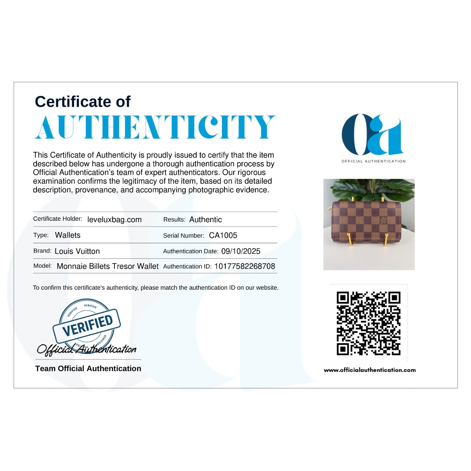 Authentic Louis Vuitton Damier Ebene Porte Monnaie Billets Tresor Wallet