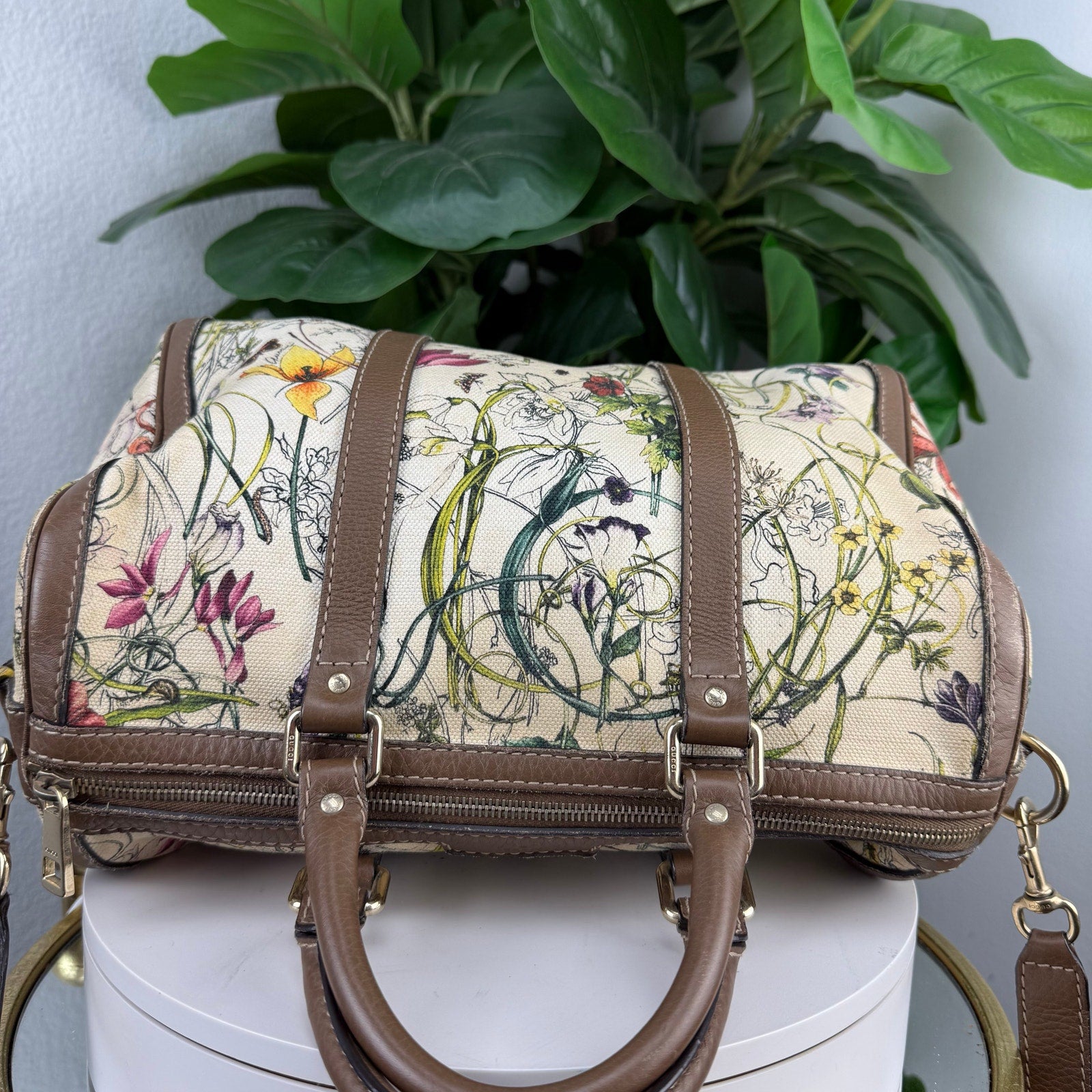 Gucci Flora Print Medium Boston Bag Canvas Leather Crossbody Authentic Pre Owned