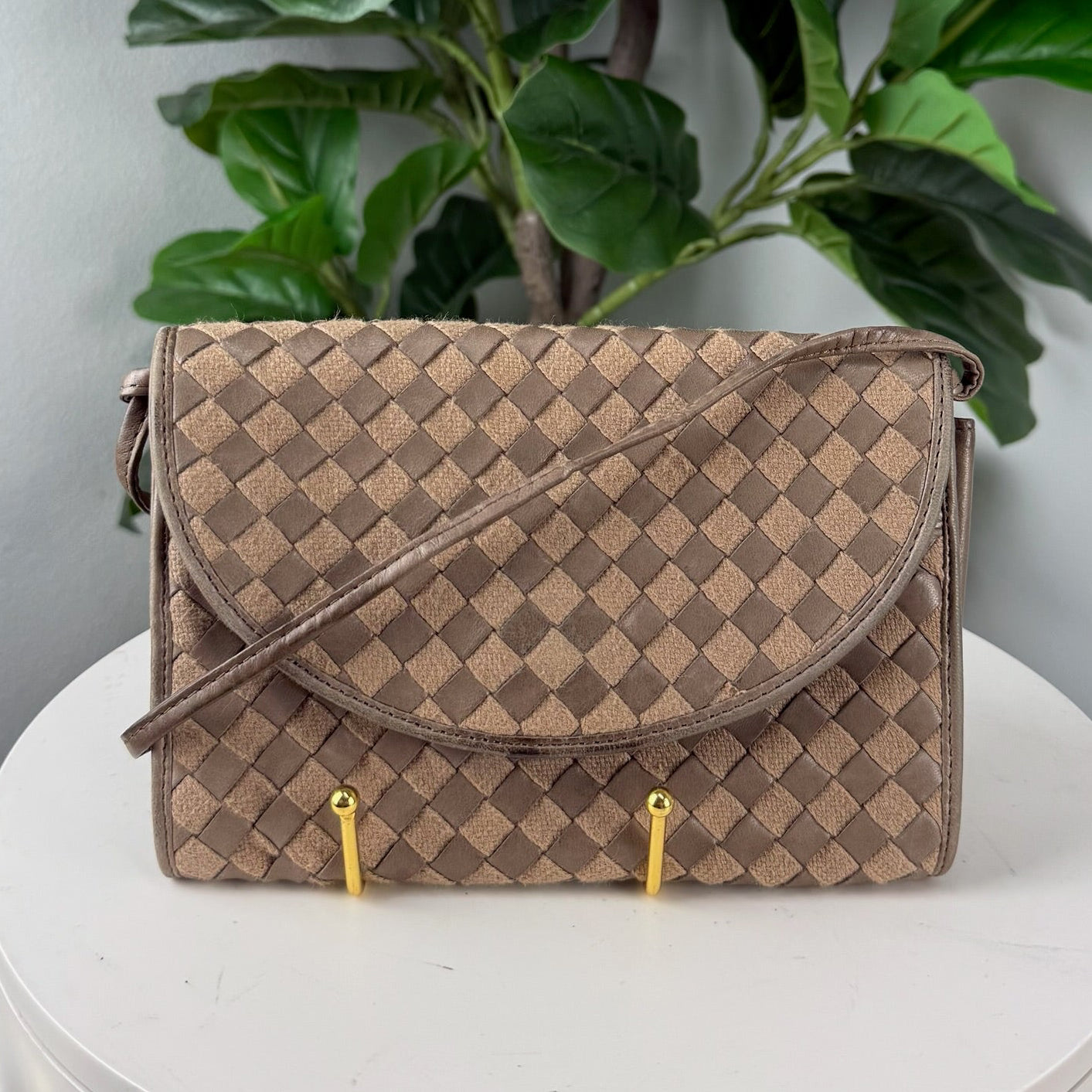 Authentic Bottega Veneta Vintage Intreccio Woven Leather Fabric Flap Crossbody Bag