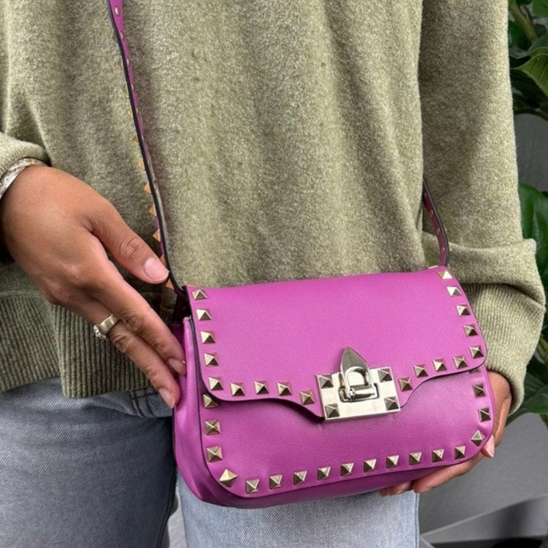 Valentino Garavani Rockstud Flip Lock Mini Crossbody Bag in Pink Leather