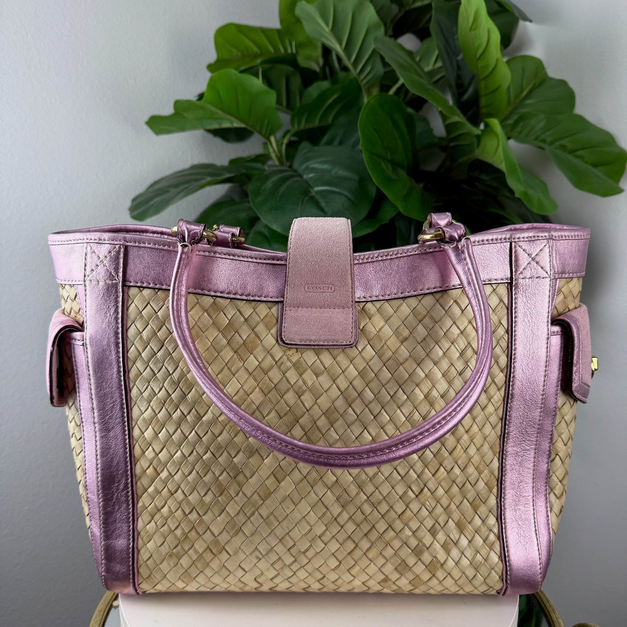 Authentic Coach Natural Woven Straw & Metallic Pink Leather Tote Bag