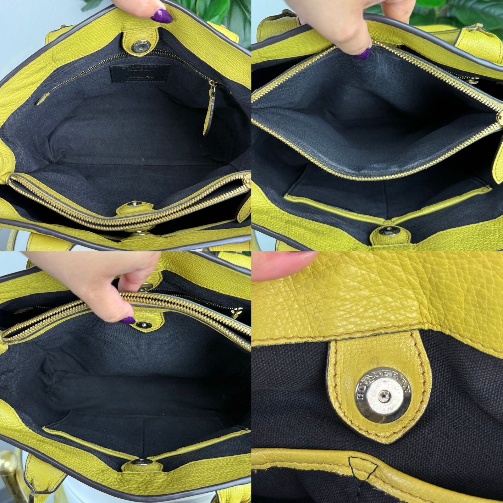 💎Authentic Burberry Grainy Calfskin House Check Medium Banner Tote Yellow