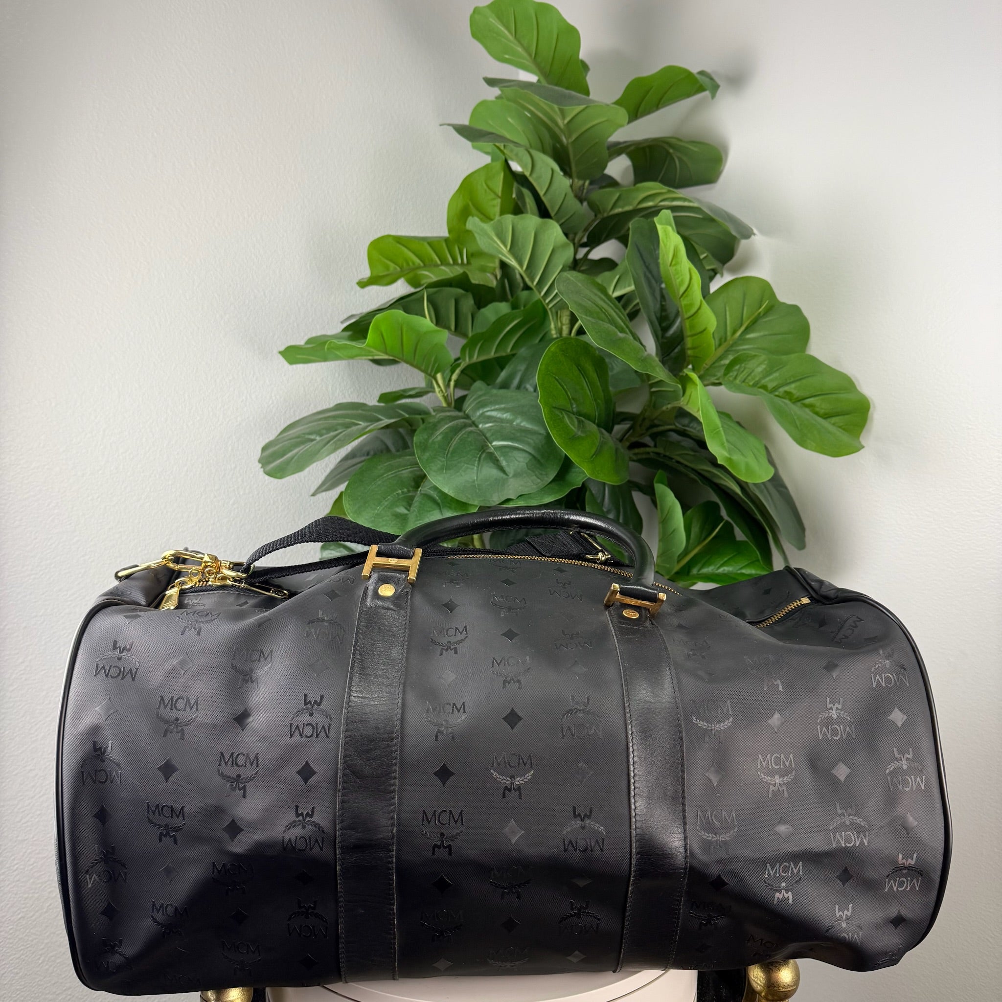 Authentic MCM Black Visetos Coated Canvas Large Travel Duffle Bag