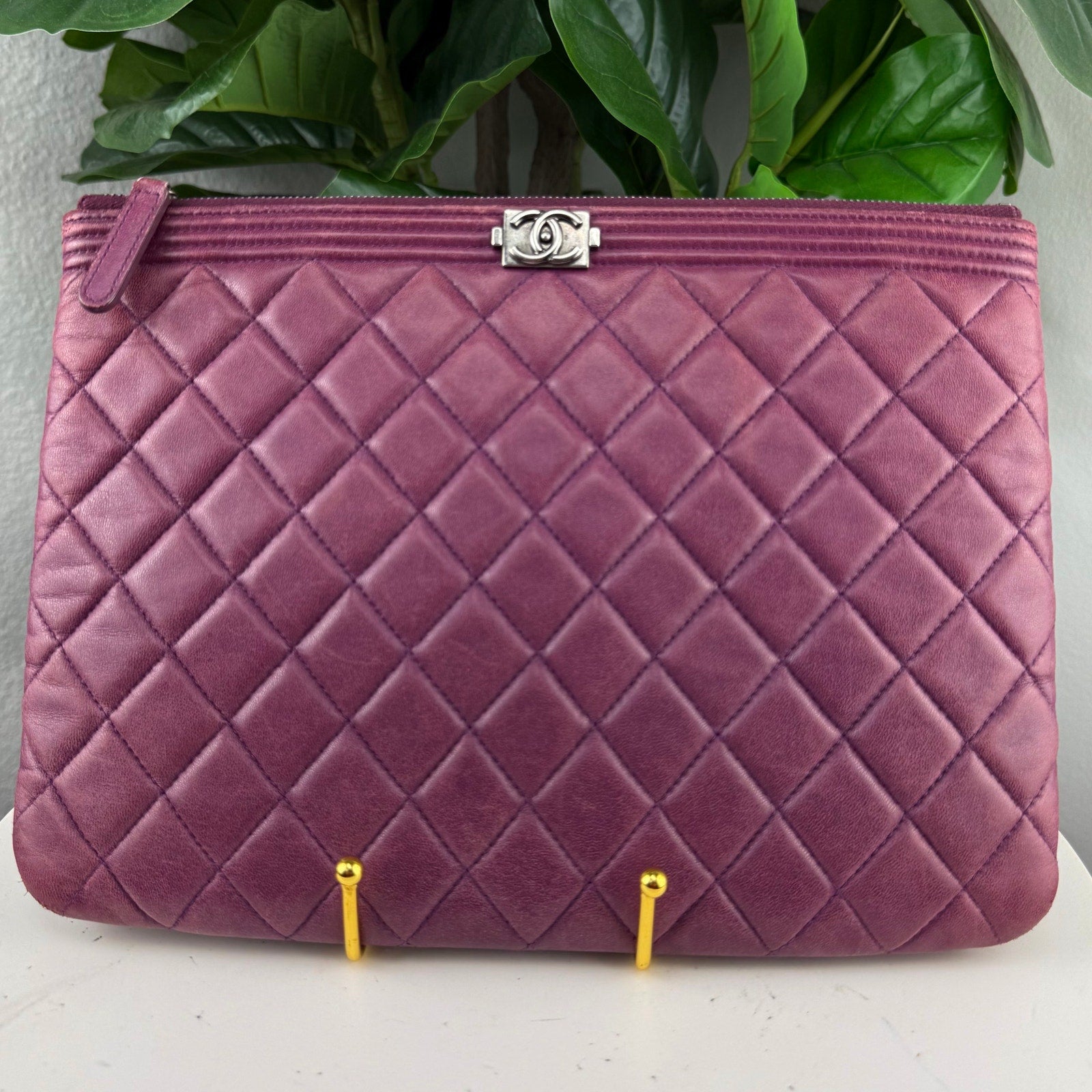 Chanel Boy O Case Quilted Lambskin Purple Clutch Pouch Authentic Pre Owned
