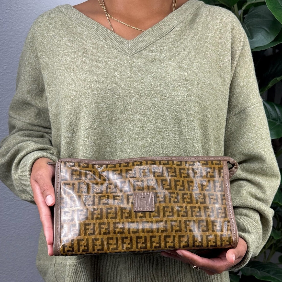 A31💎✨ Authentic Fendi Zucchino Clutch Bag Brown Auth Purse Vintage