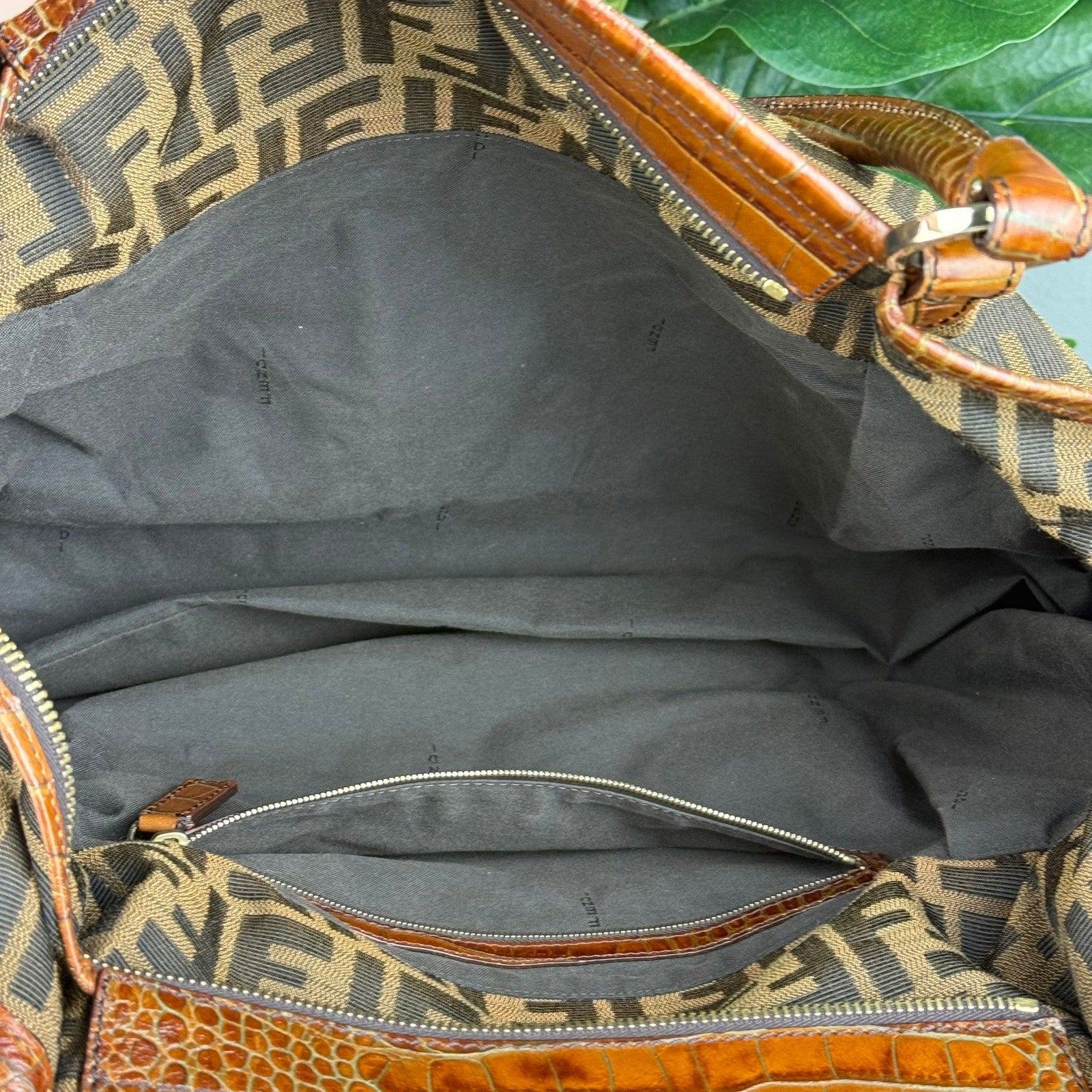 Authentic Fendi Tobacco Zucca print Croc Embossed Chef Tote Bag